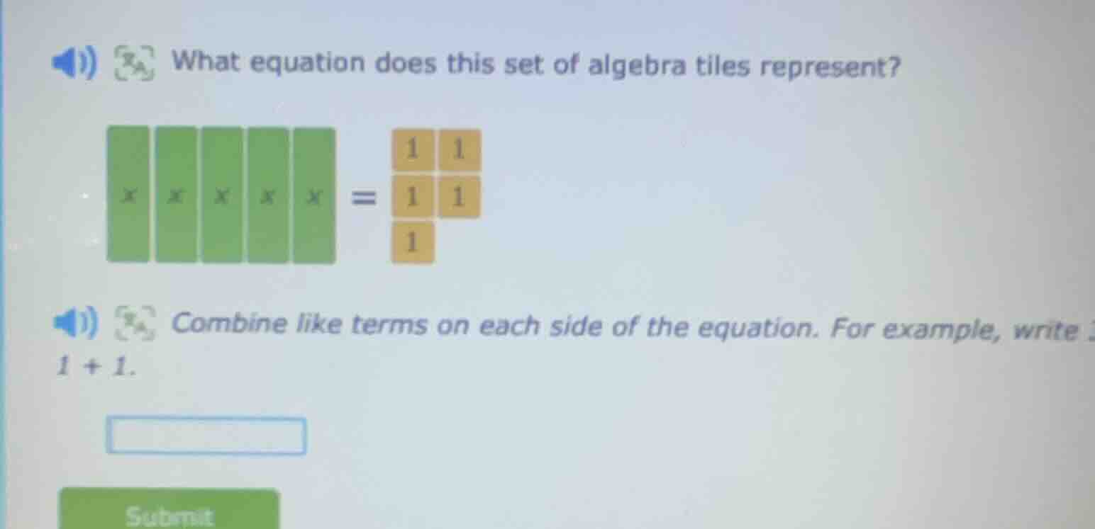 what equation does this set of algebra tiles represent? five green tile…