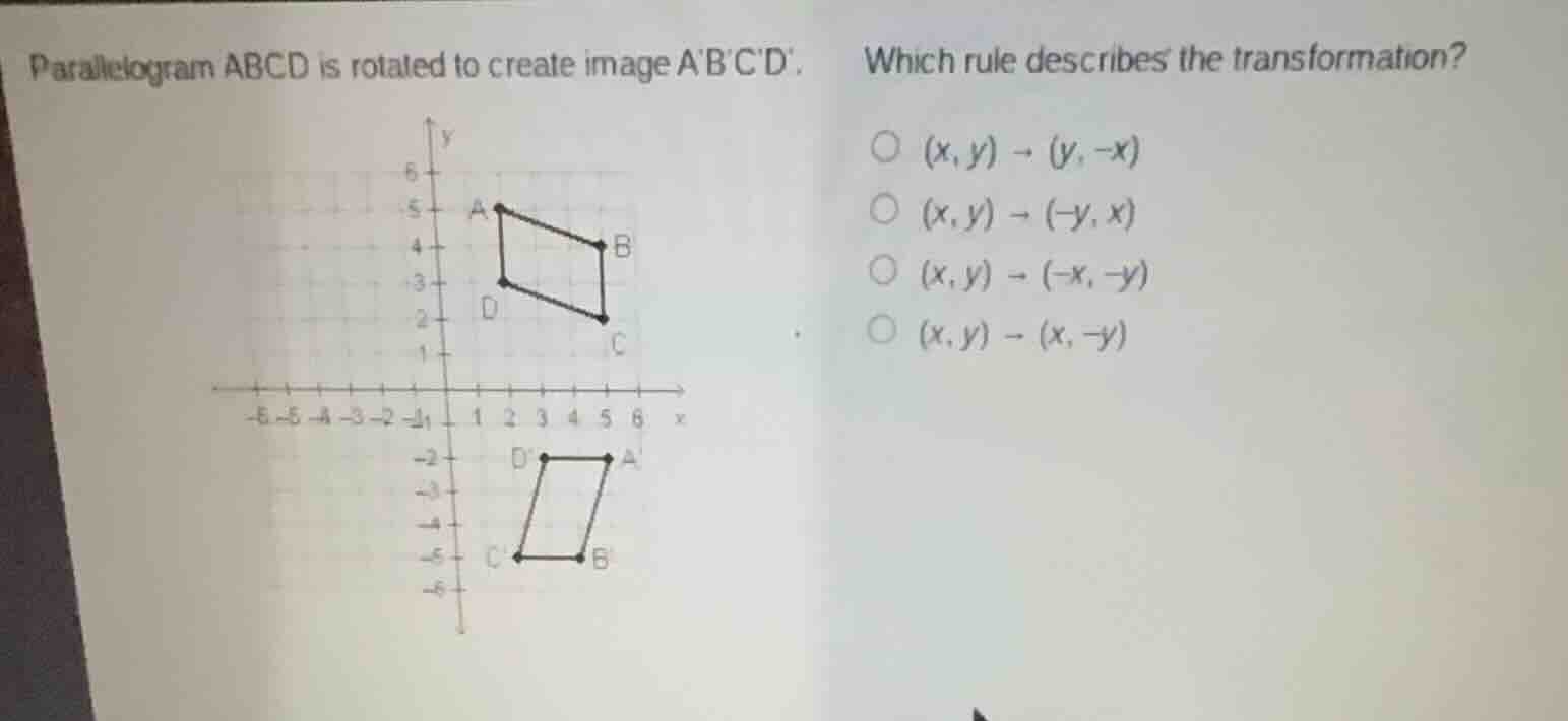 parallelogram abcd is rotated to create image abcd. which rule describe…