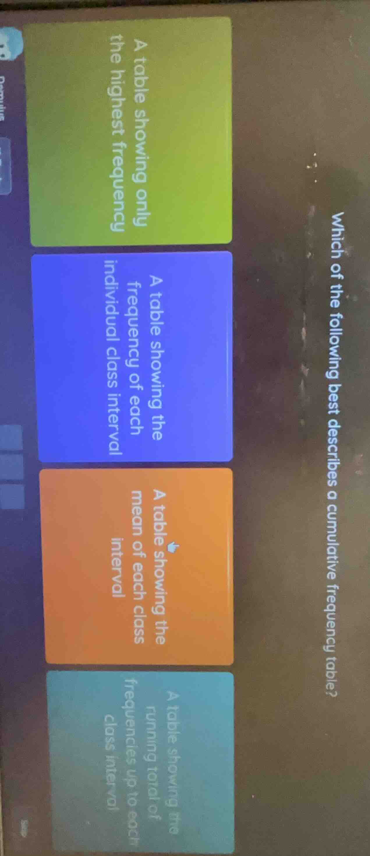 which of the following best describes a cumulative frequency table? a t…