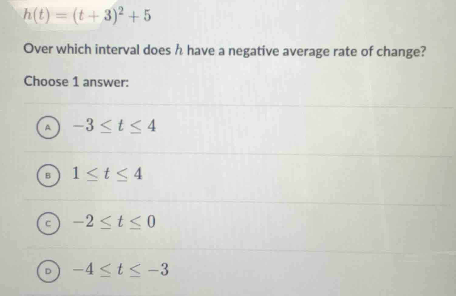 h(t) = (t + 3)^2 + 5 over which interval does h have a negative average…