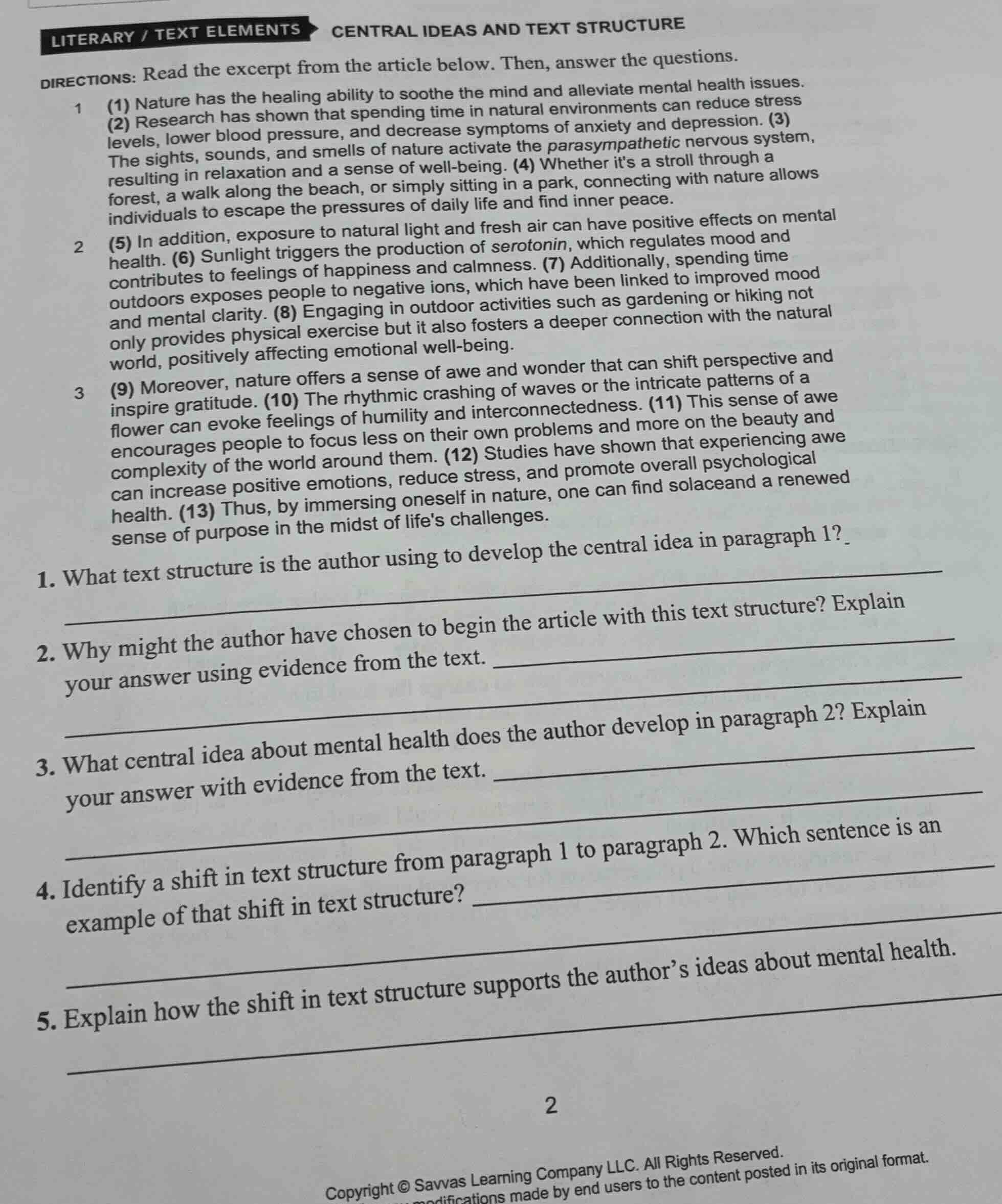 literary / text elements central ideas and text structure directions: r…