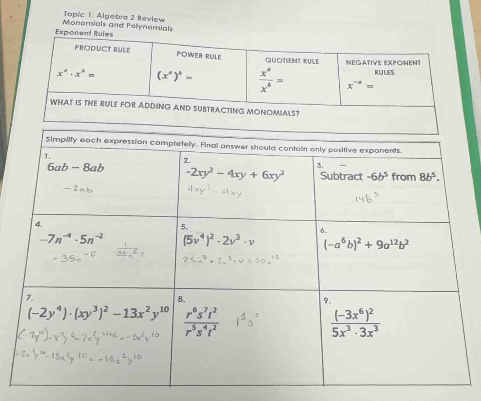 topic 1: algebra 2 review monomials and polynomials exponent rules prod…