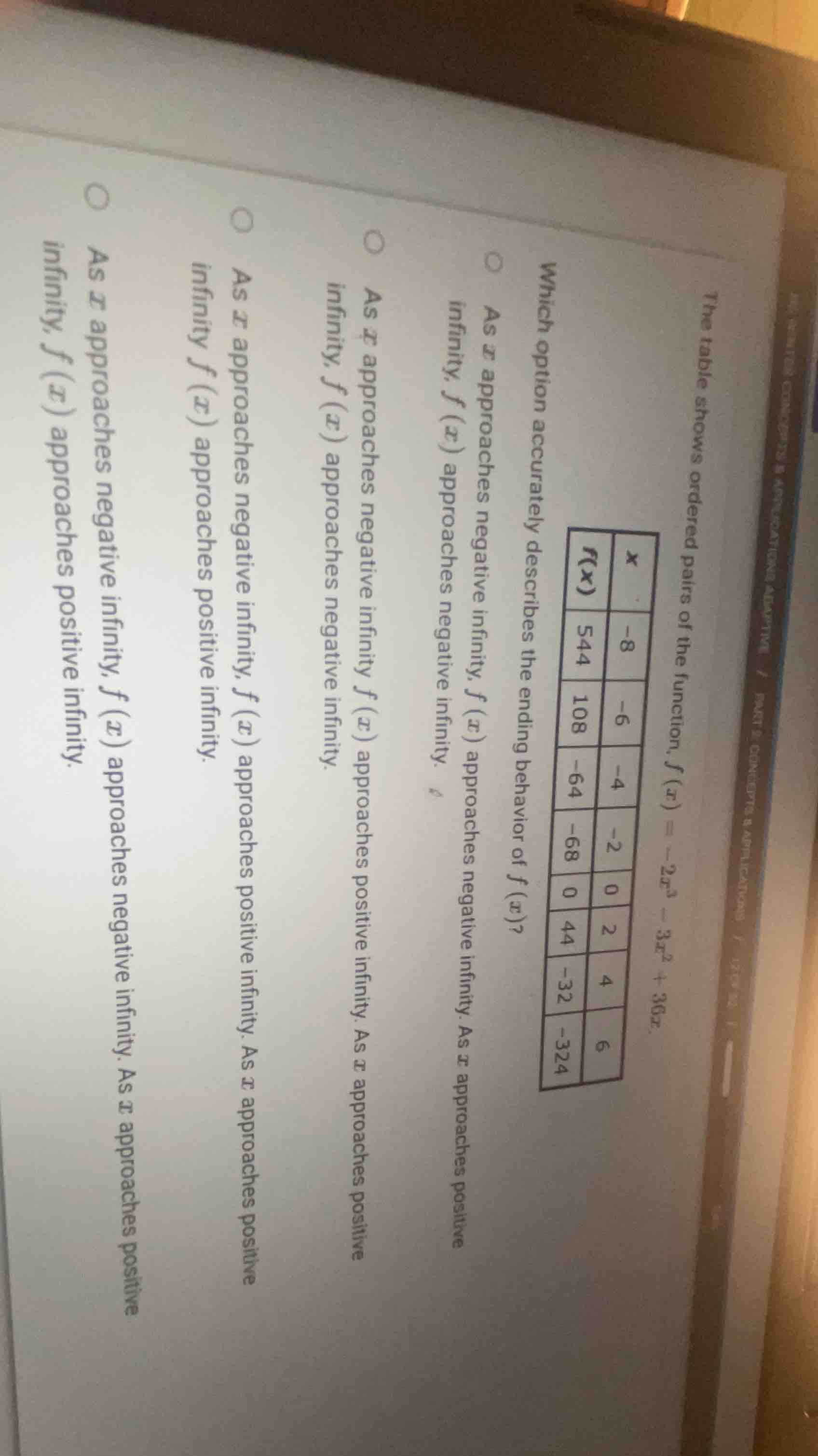 the table shows ordered pairs of the function, $f(x) = -2x^3 - 3x^2 + 3…