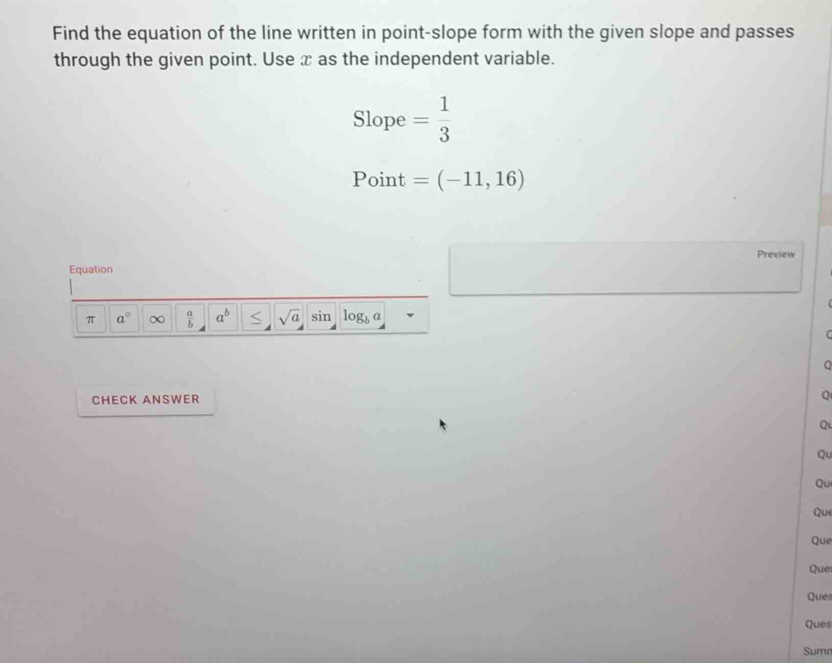 find the equation of the line written in point - slope form with the gi…