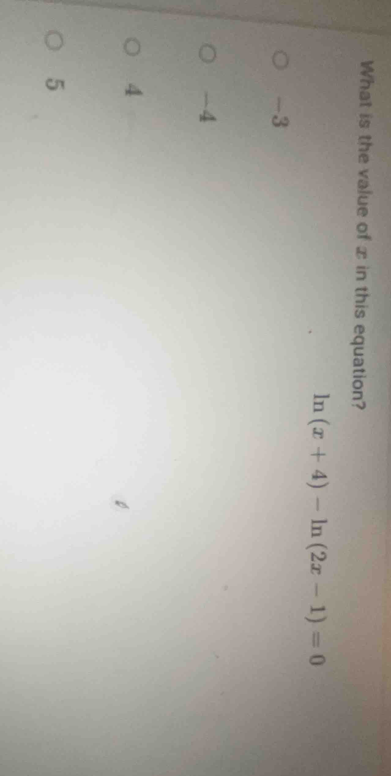 what is the value of x in this equation? ln(x + 4) - ln(2x - 1) = 0 opt…