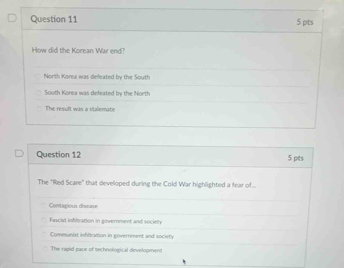 question 11 5 pts how did the korean war end? north korea was defeated …
