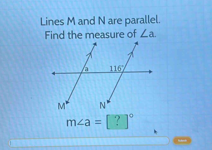 lines m and n are parallel. find the measure of \\(\\angle a\\). image …