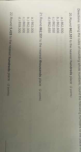 directions: using the rules of rounding whole numbers, round the follow…
