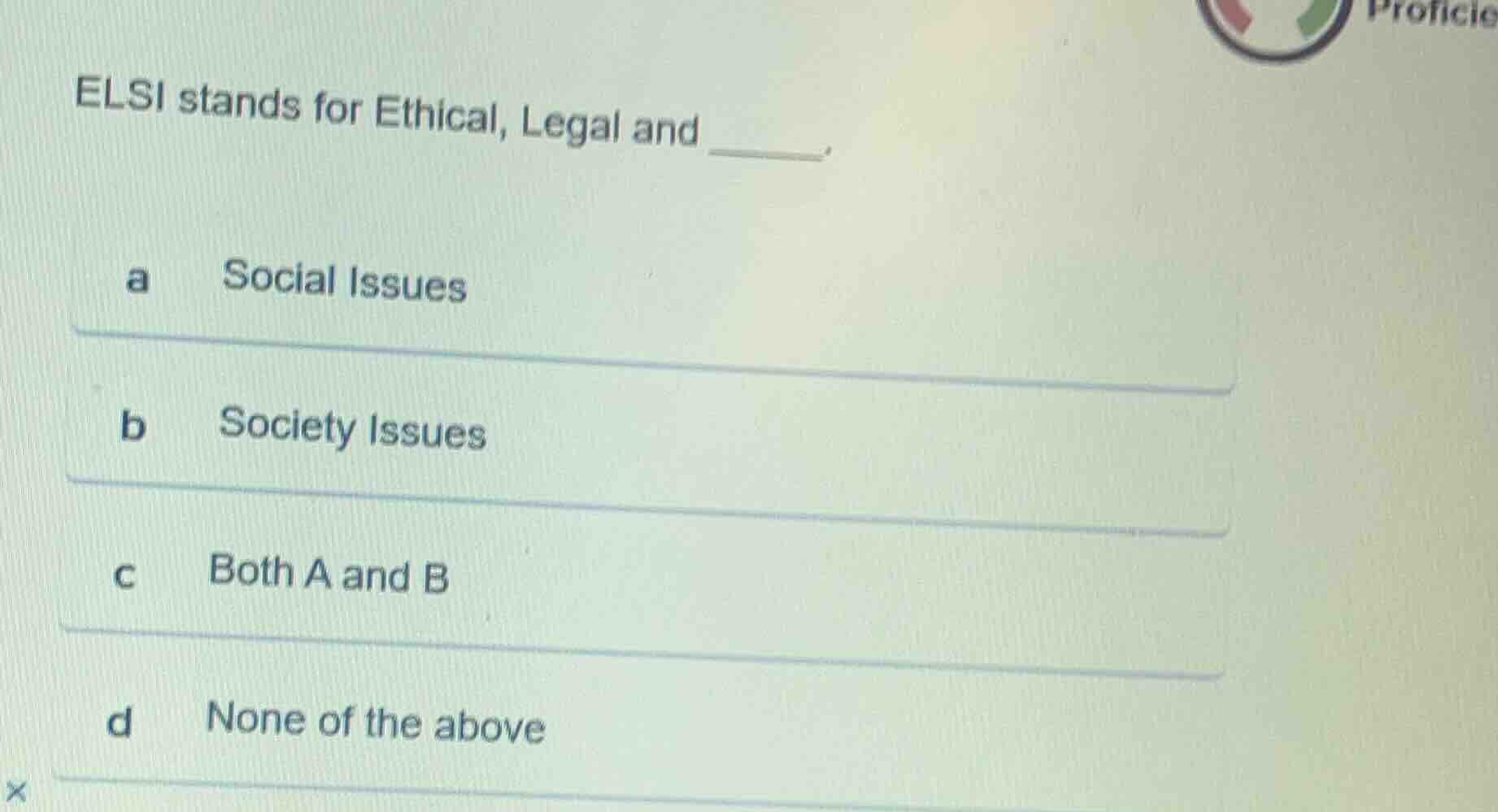 elsi stands for ethical, legal and ______. a social issues b society is…