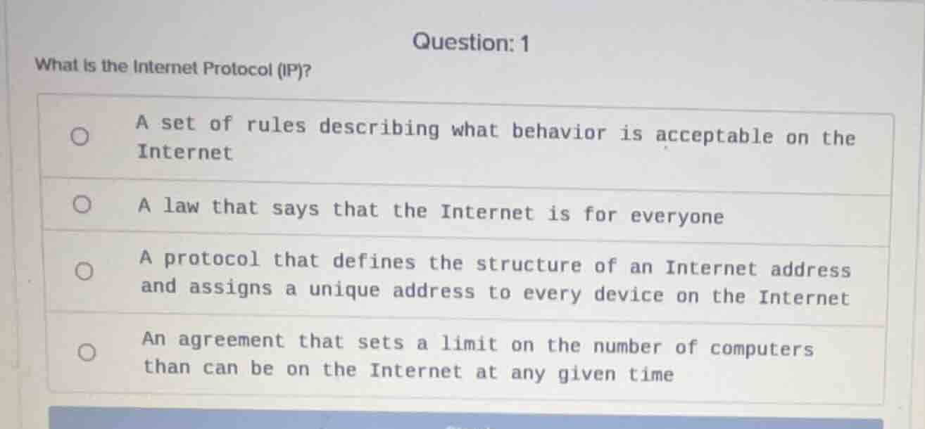 question: 1 what is the internet protocol (ip)? - a set of rules descri…