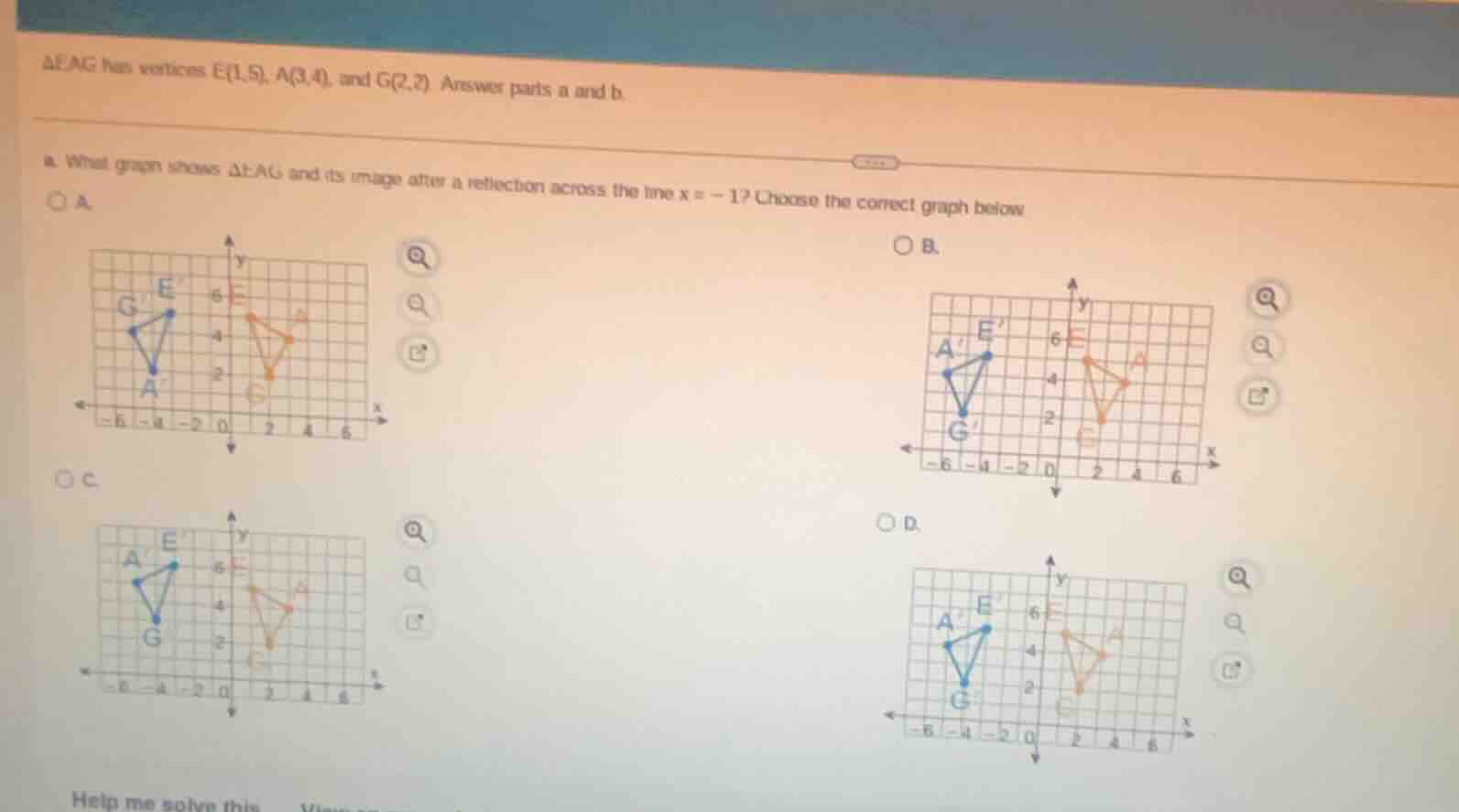δeag has vertices e(1,5), a(3,4), and g(2,2). answer parts a and b. a. …