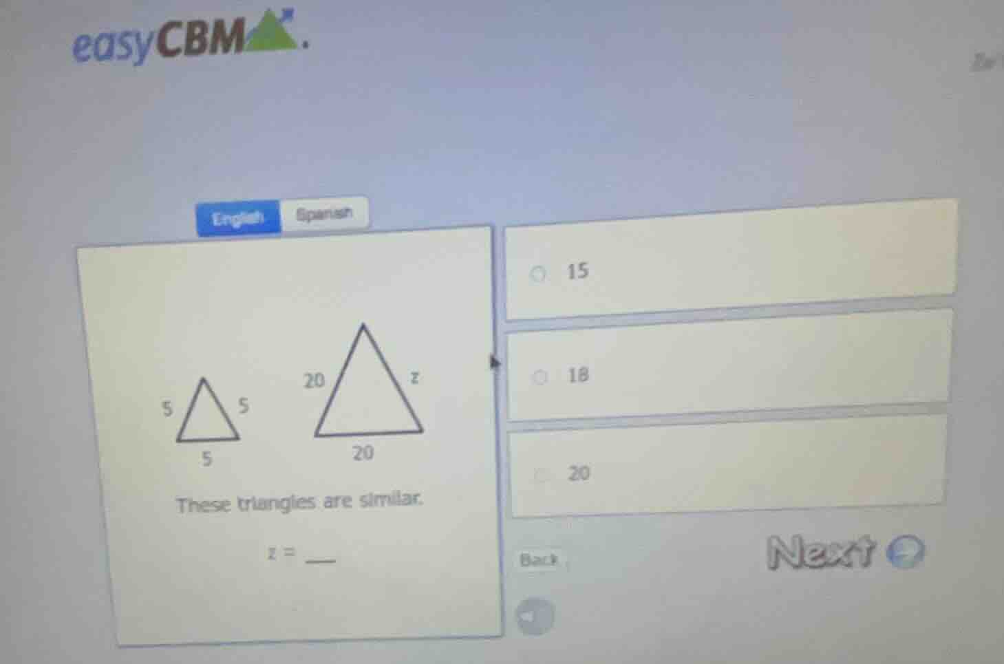 these triangles are similar. z = ___ options: 15, 18, 20