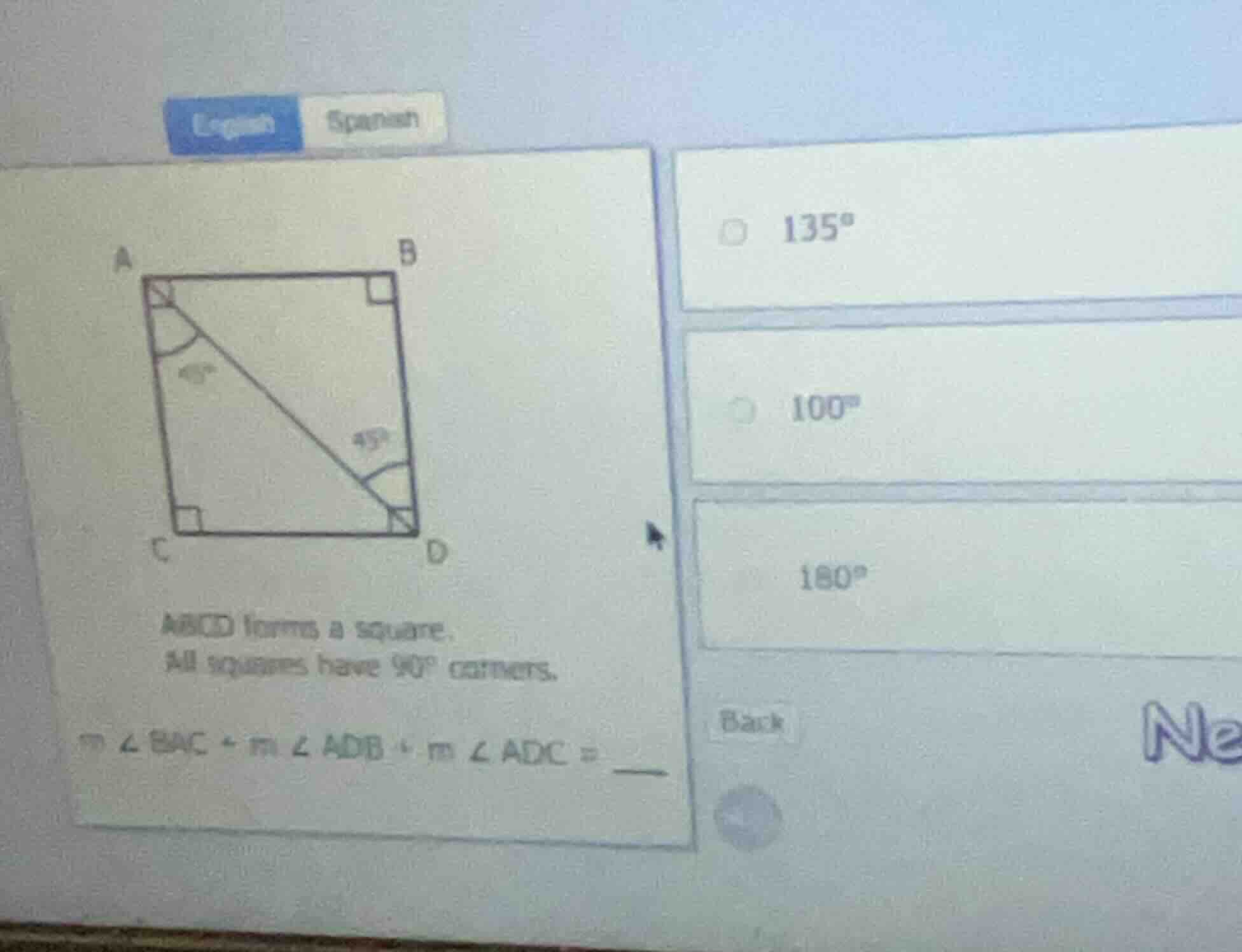 abcd forms a square. all squares have 90° corners. m∠bac + m∠adb + m∠ad…