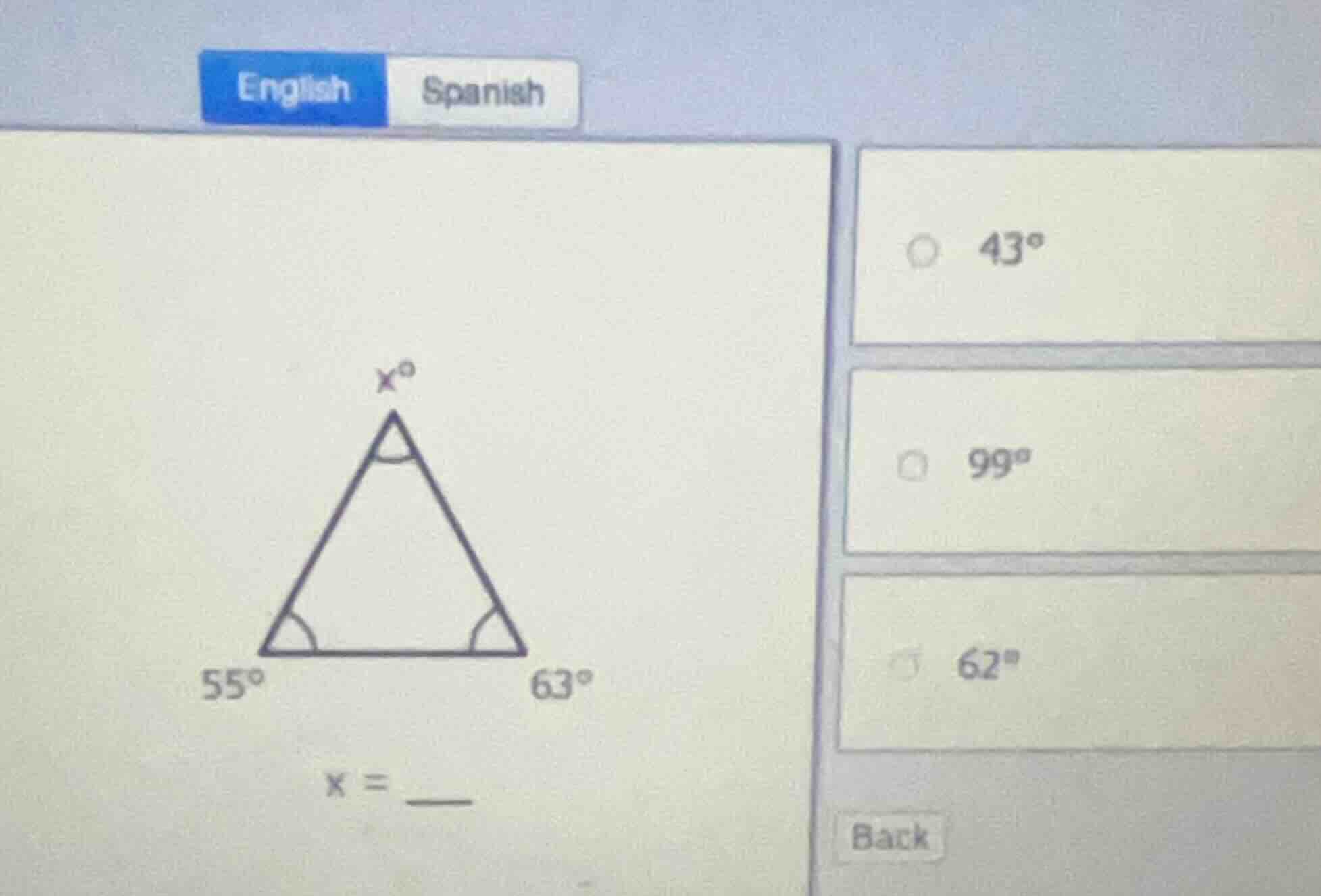 find the value of x in the triangle. the triangle has angles 55°, 63°, …