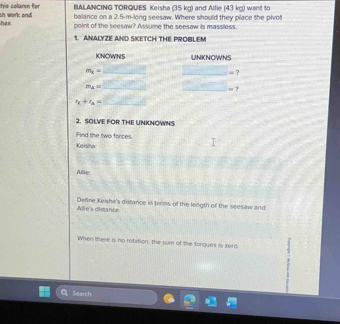balancing torques keisha (35 kg) and allie (43 kg) want to balance on a…