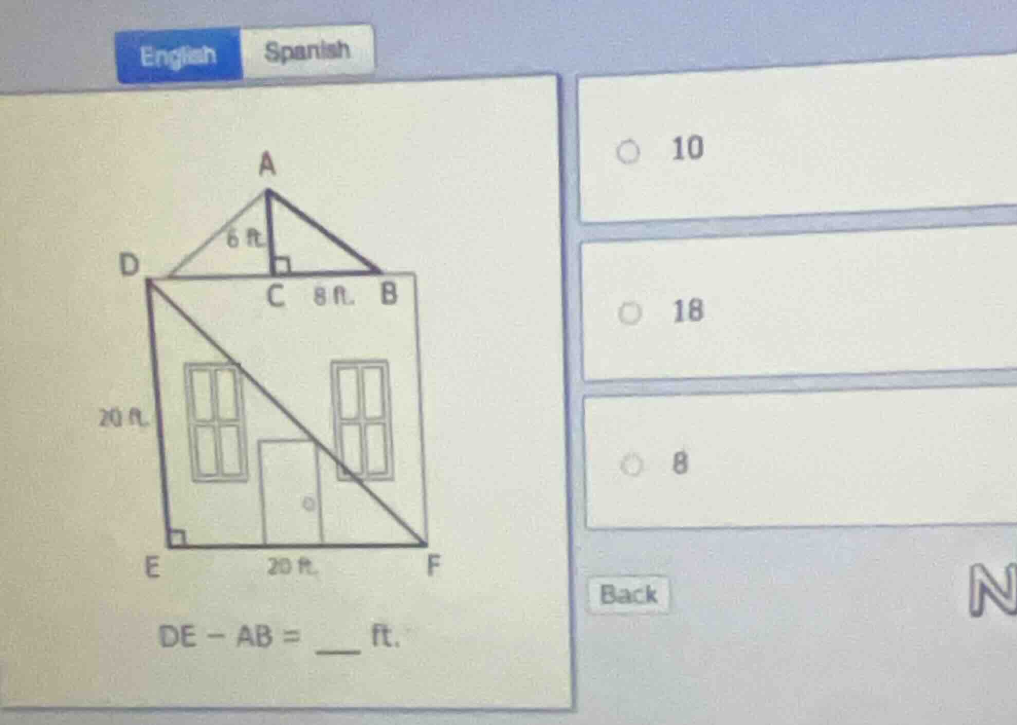de - ab = ___ ft. options: 10, 18, 8