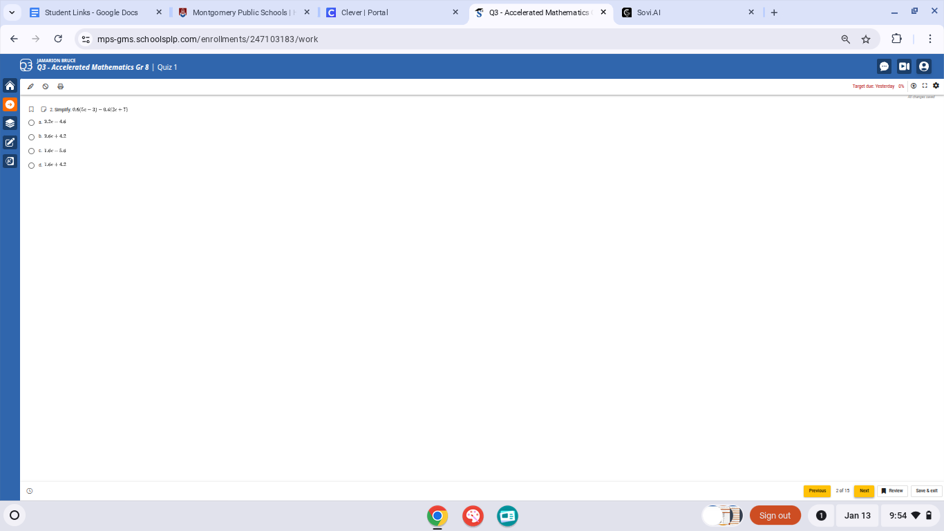 2 simplify 0.6(5x - 2) - 0.4(2x + 3) options: a. 2.2x - 4.6 b. 2.2x + 1…