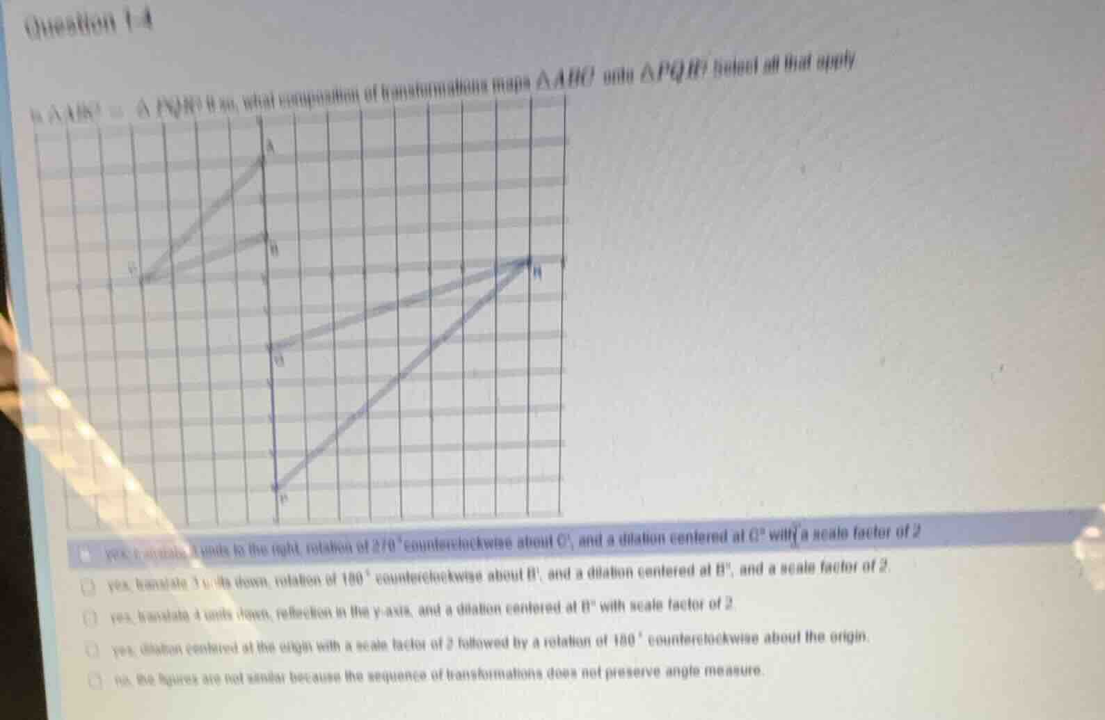 question 1-4 if $\\triangle abc \\sim \\triangle pqr$ below, what combi…