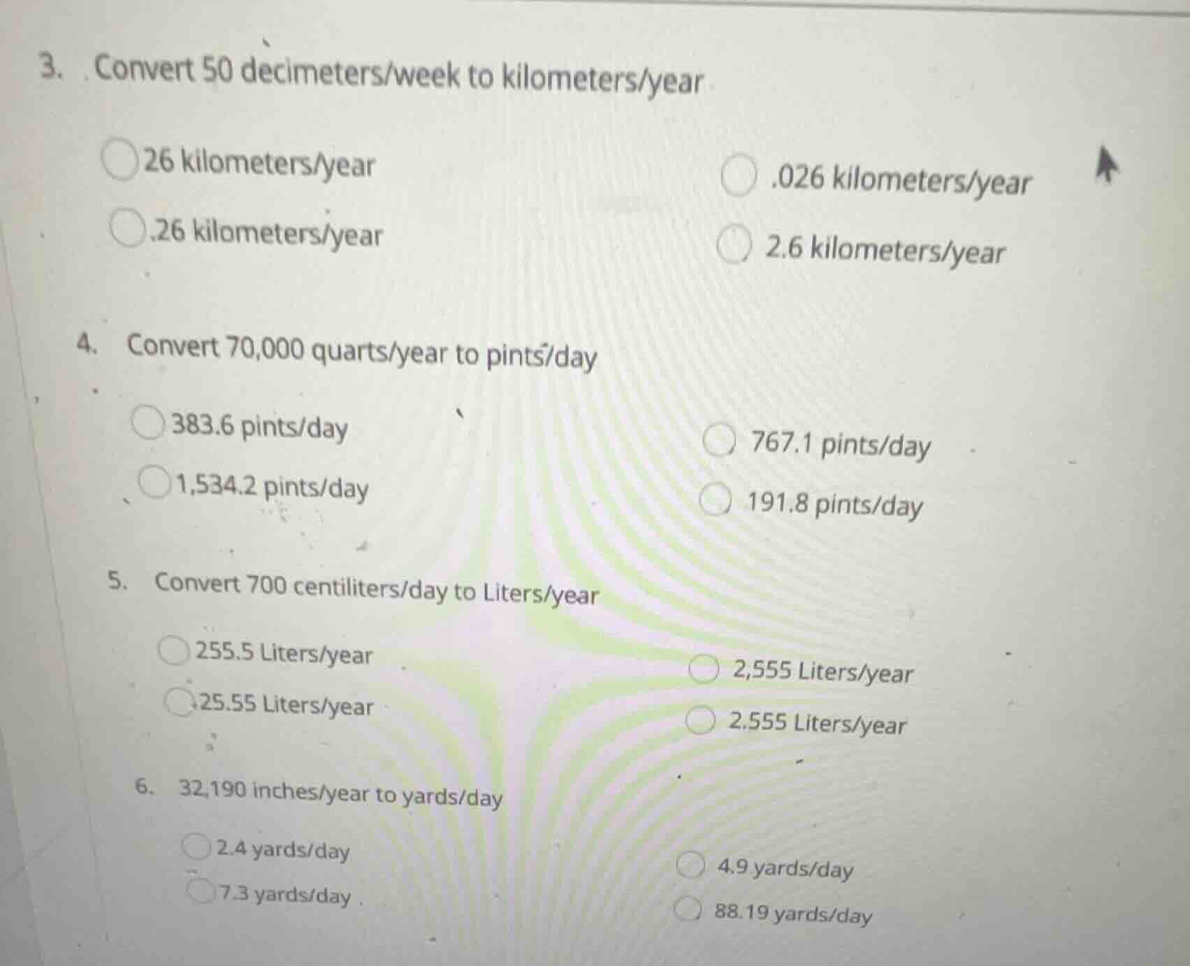 3. convert 50 decimeters/week to kilometers/year 26 kilometers/year .02…