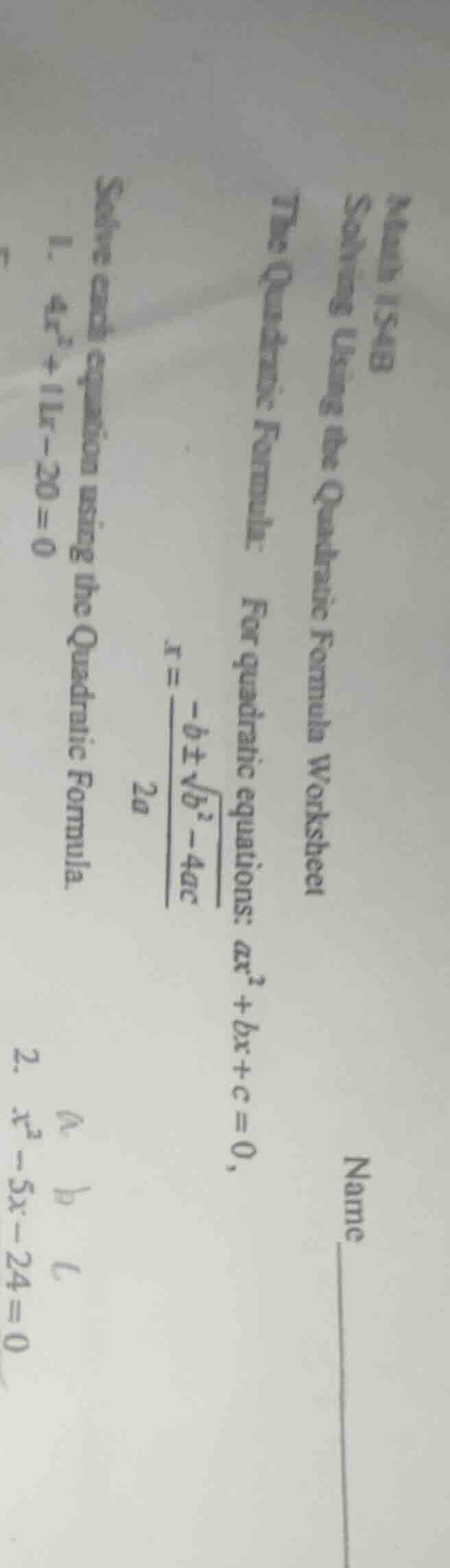 name math 154b solving using the quadratic formula worksheet the quadra…