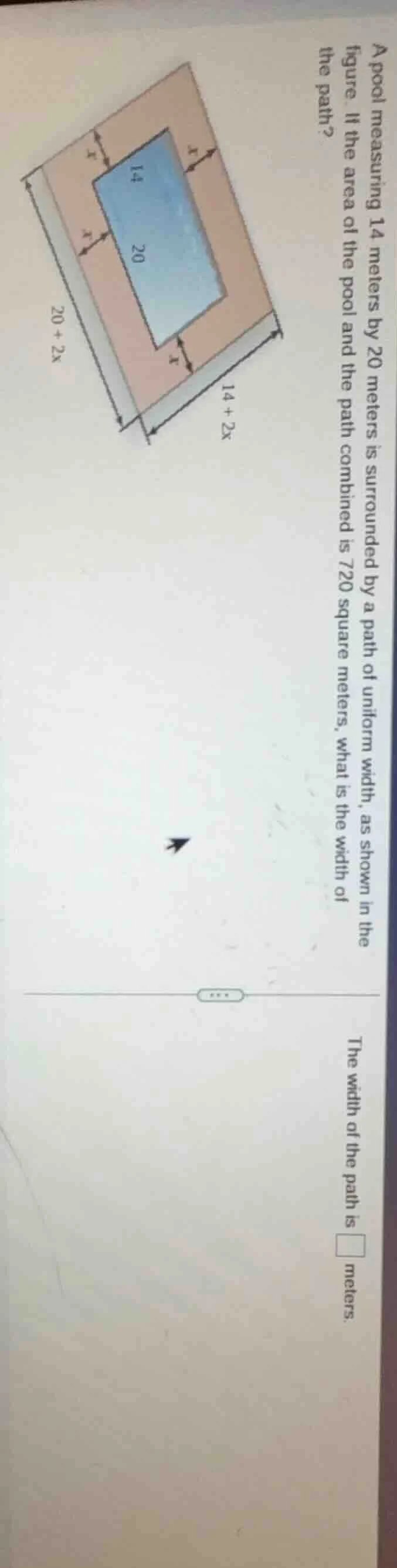 a pool measuring 14 meters by 20 meters is surrounded by a path of unif…