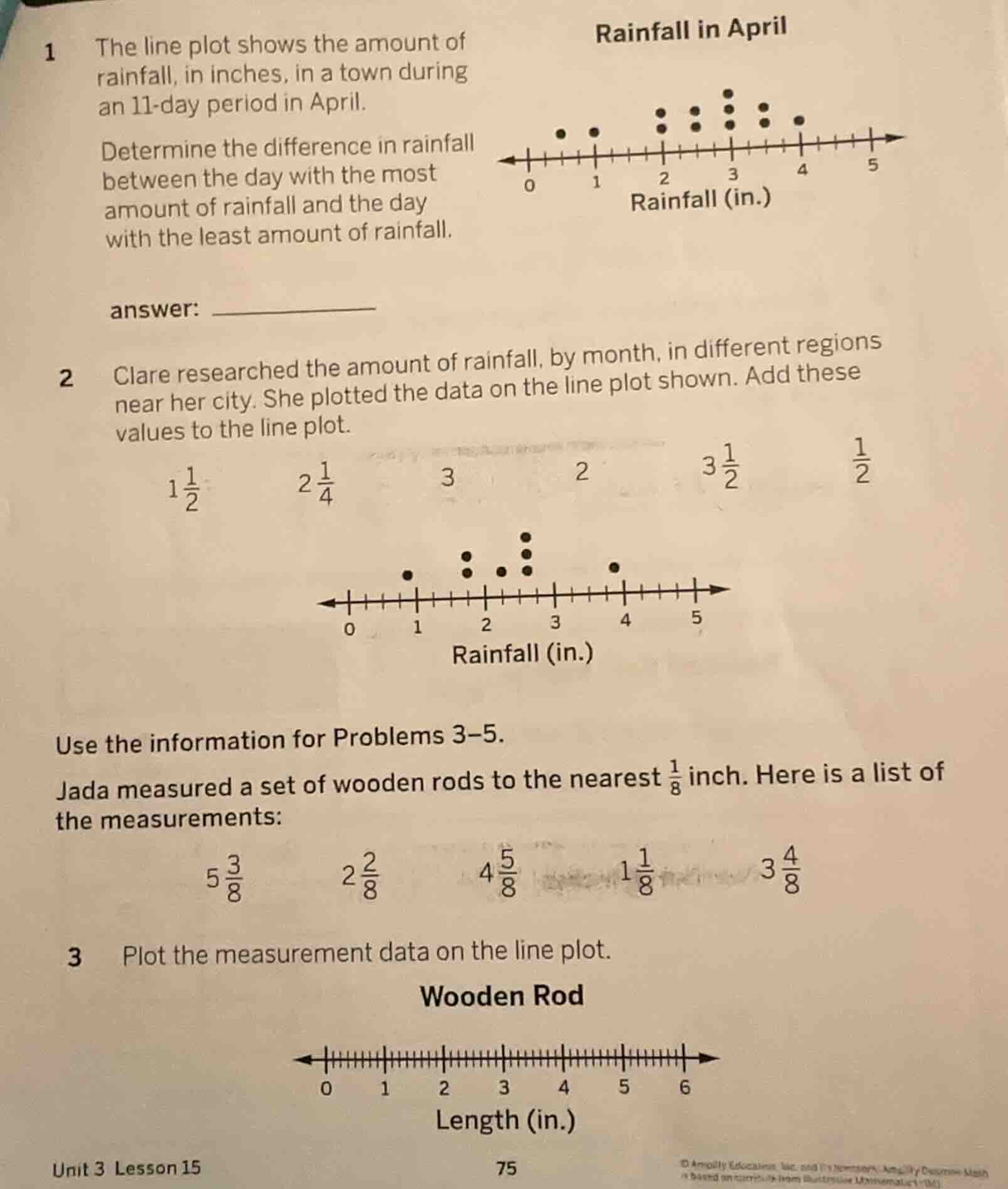 1 the line plot shows the amount of rainfall, in inches, in a town duri…