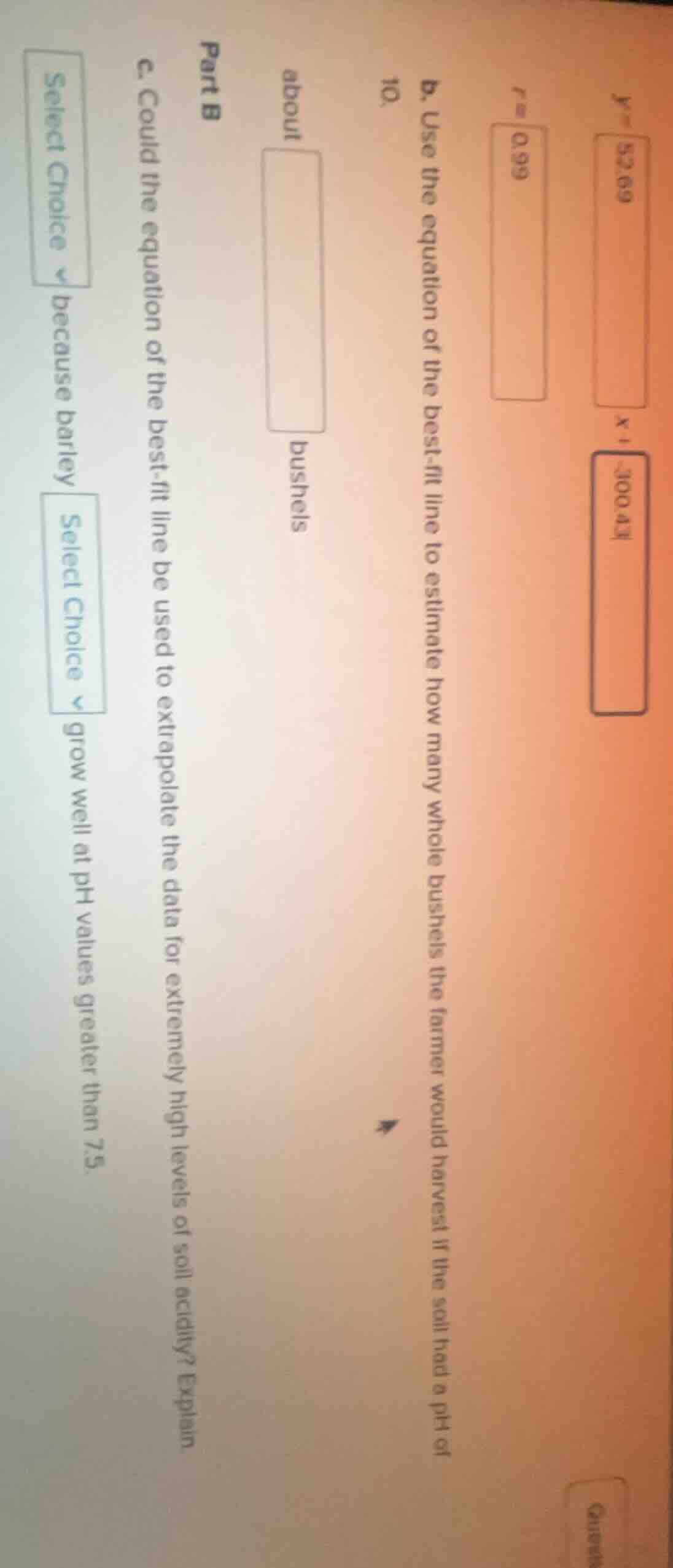 y = 52.69\ x1 - 100.41\ r = 0.99\ 10.\ b. use the equation of the best …