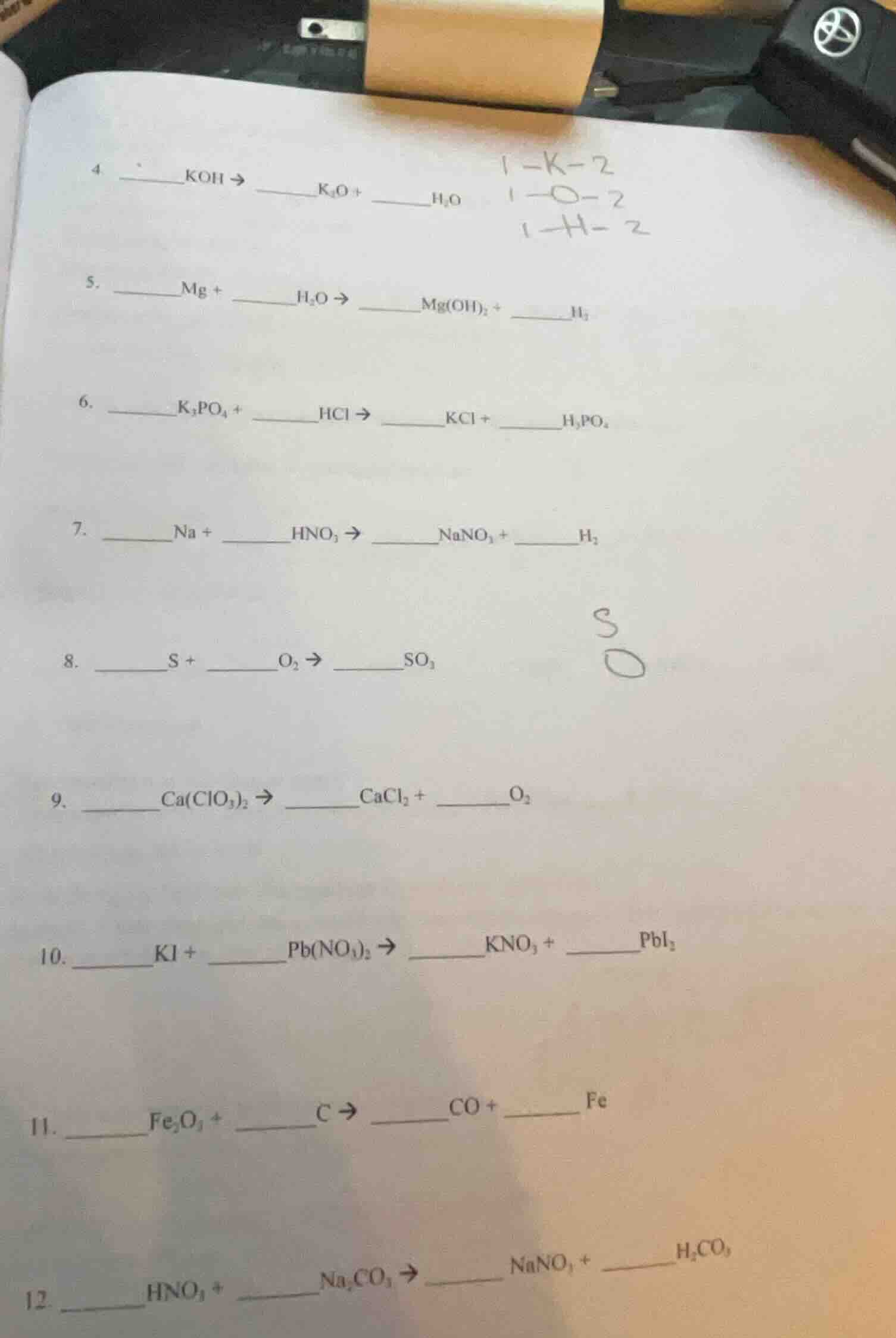 4. ____koh → ____k₂o + ____h₂o 5. ____mg + ____h₂o → ____mg(oh)₂ + ____…