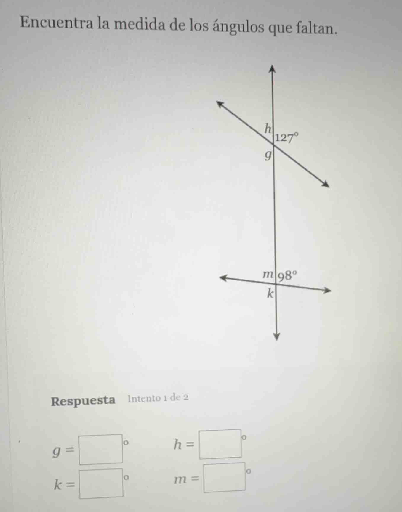 encuentra la medida de los ángulos que faltan. respuesta intento 1 de 2…