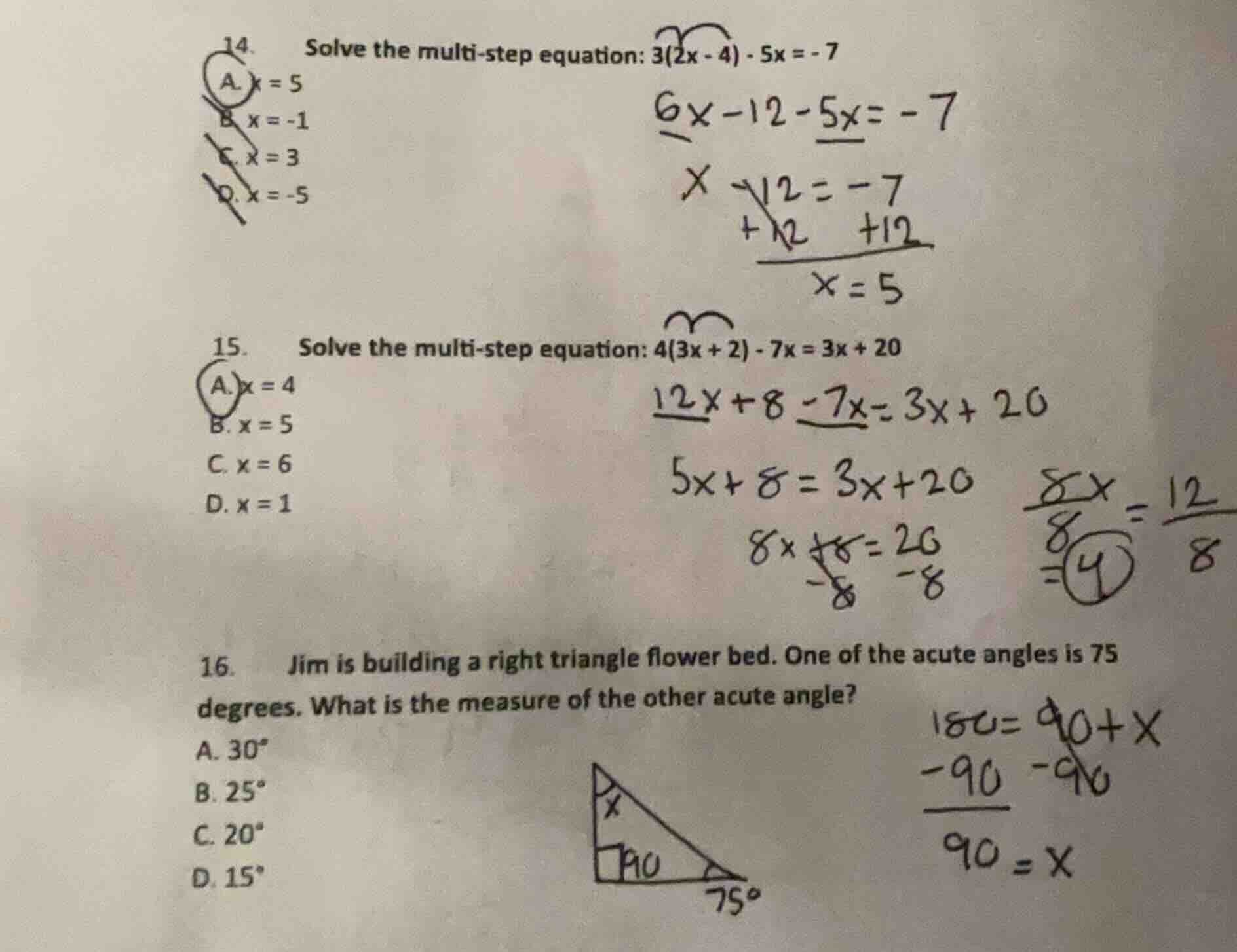 14. solve the multi - step equation: 3(2x - 4) - 5x = - 7 a. x = 5 b. x…