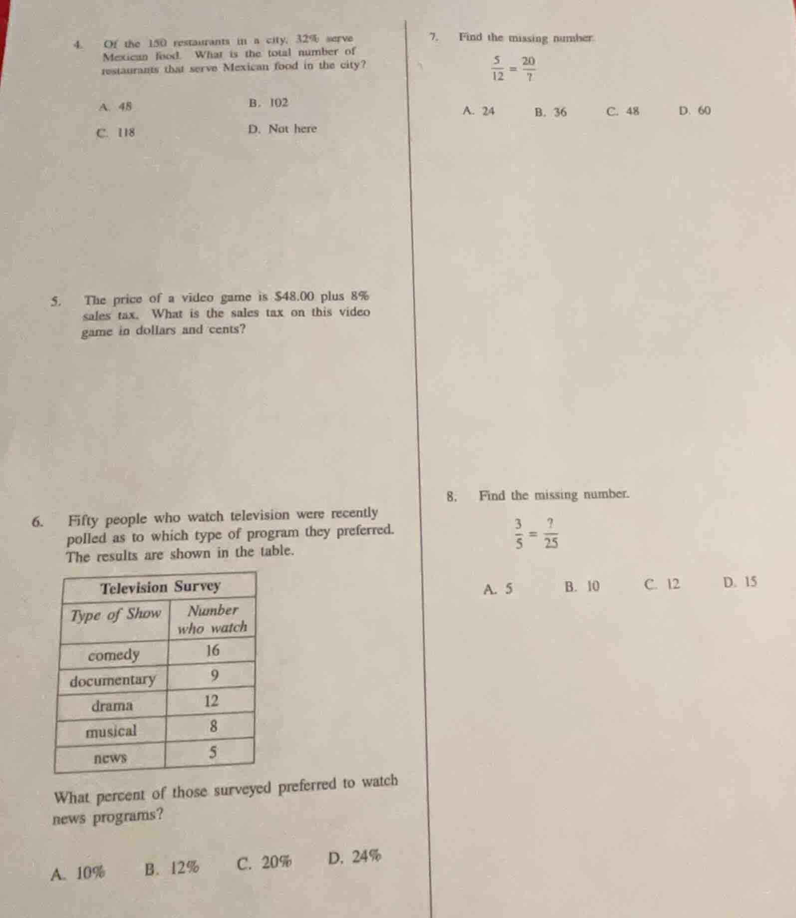 4. of the 150 restaurants in a city, 32% serve mexican food. what is th…