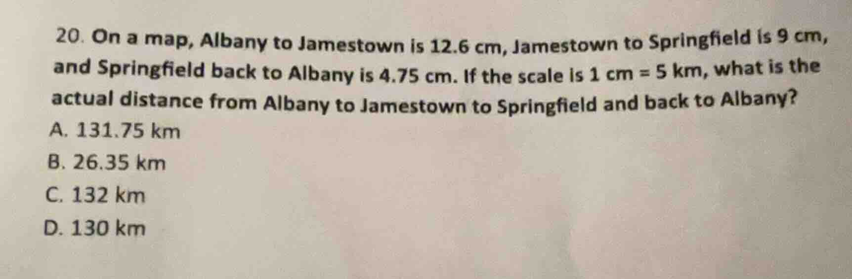20. on a map, albany to jamestown is 12.6 cm, jamestown to springfield …