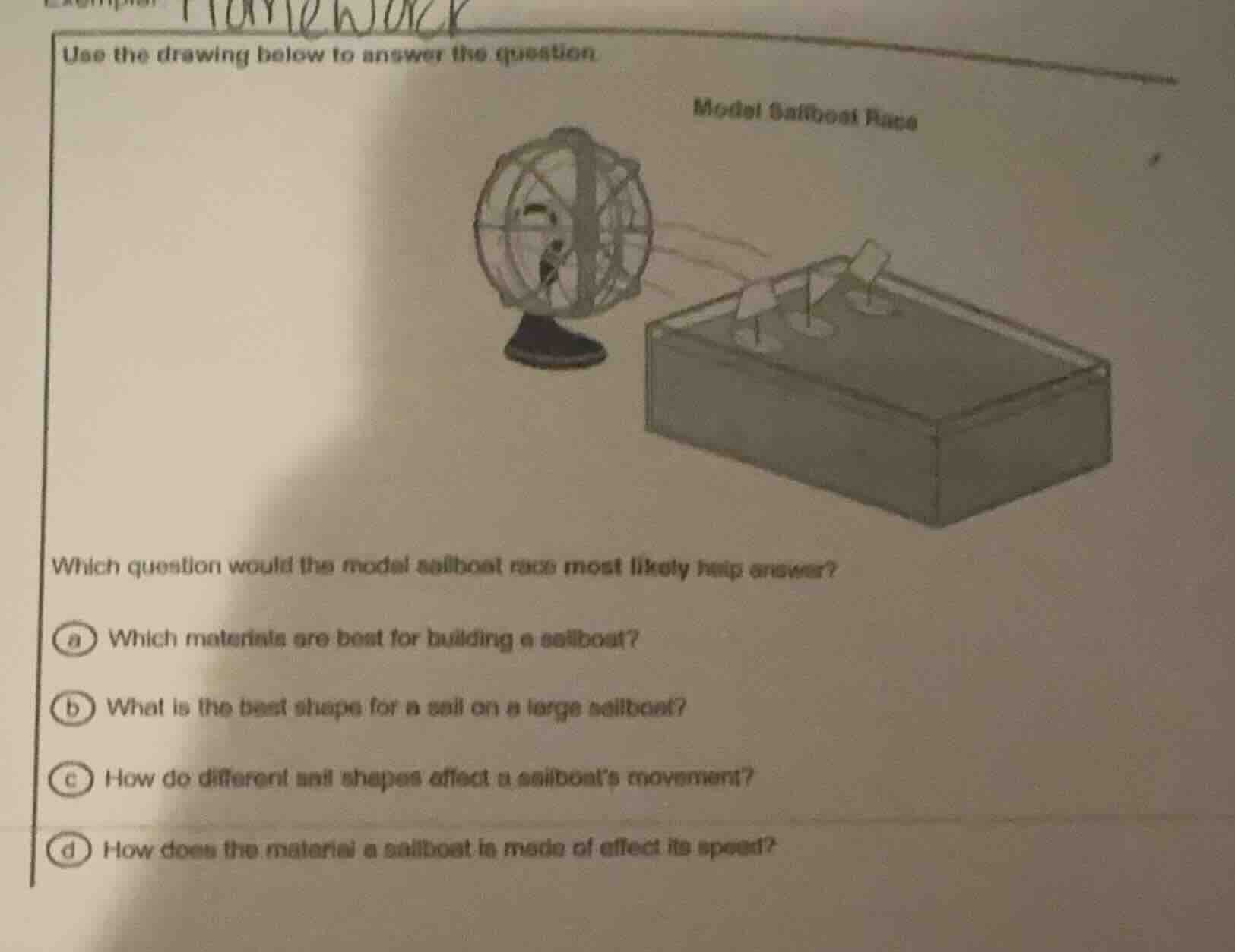 use the drawing below to answer the question. model sailboat race which…