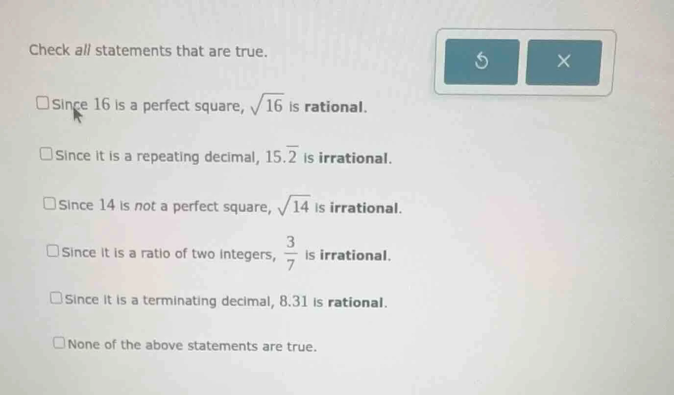 check all statements that are true. □since 16 is a perfect square, \\(\…