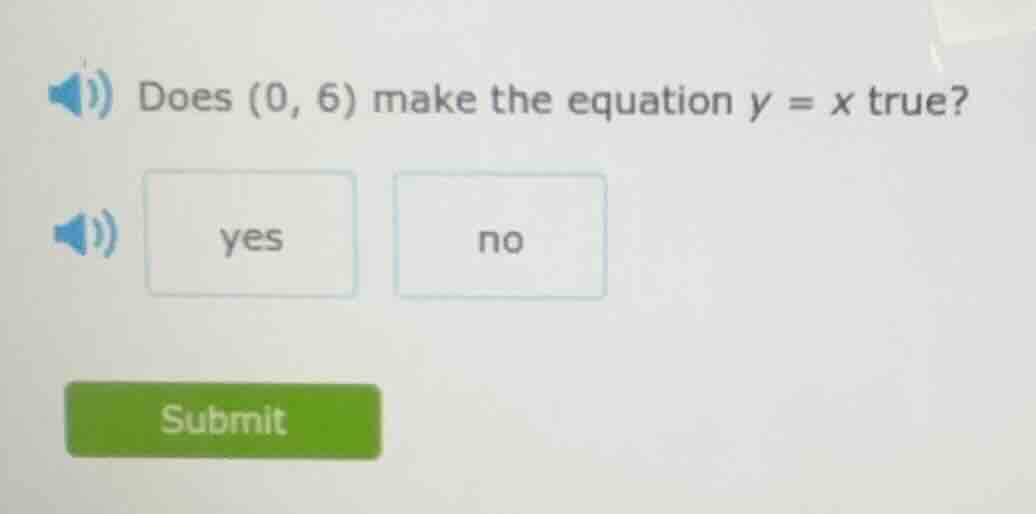 does (0, 6) make the equation y = x true? yes no submit