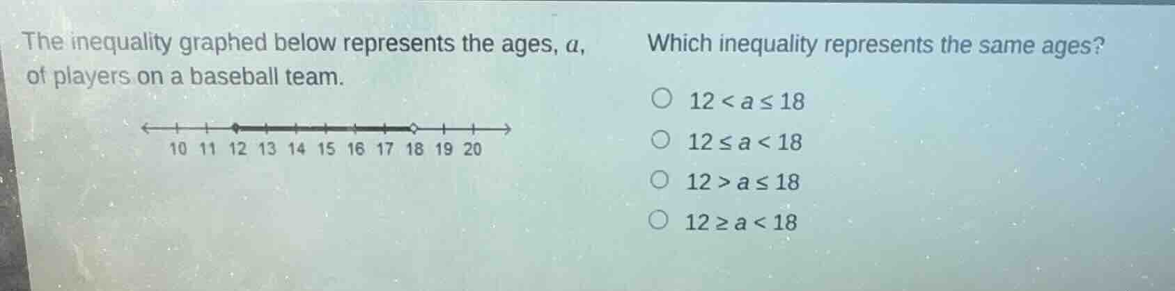 the inequality graphed below represents the ages, a, of players on a ba…