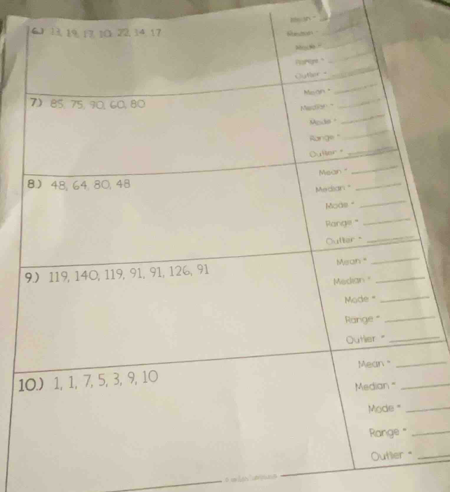 6) 13, 19, 17, 10, 22, 14, 17 mean = median = mode = range = outlier = …
