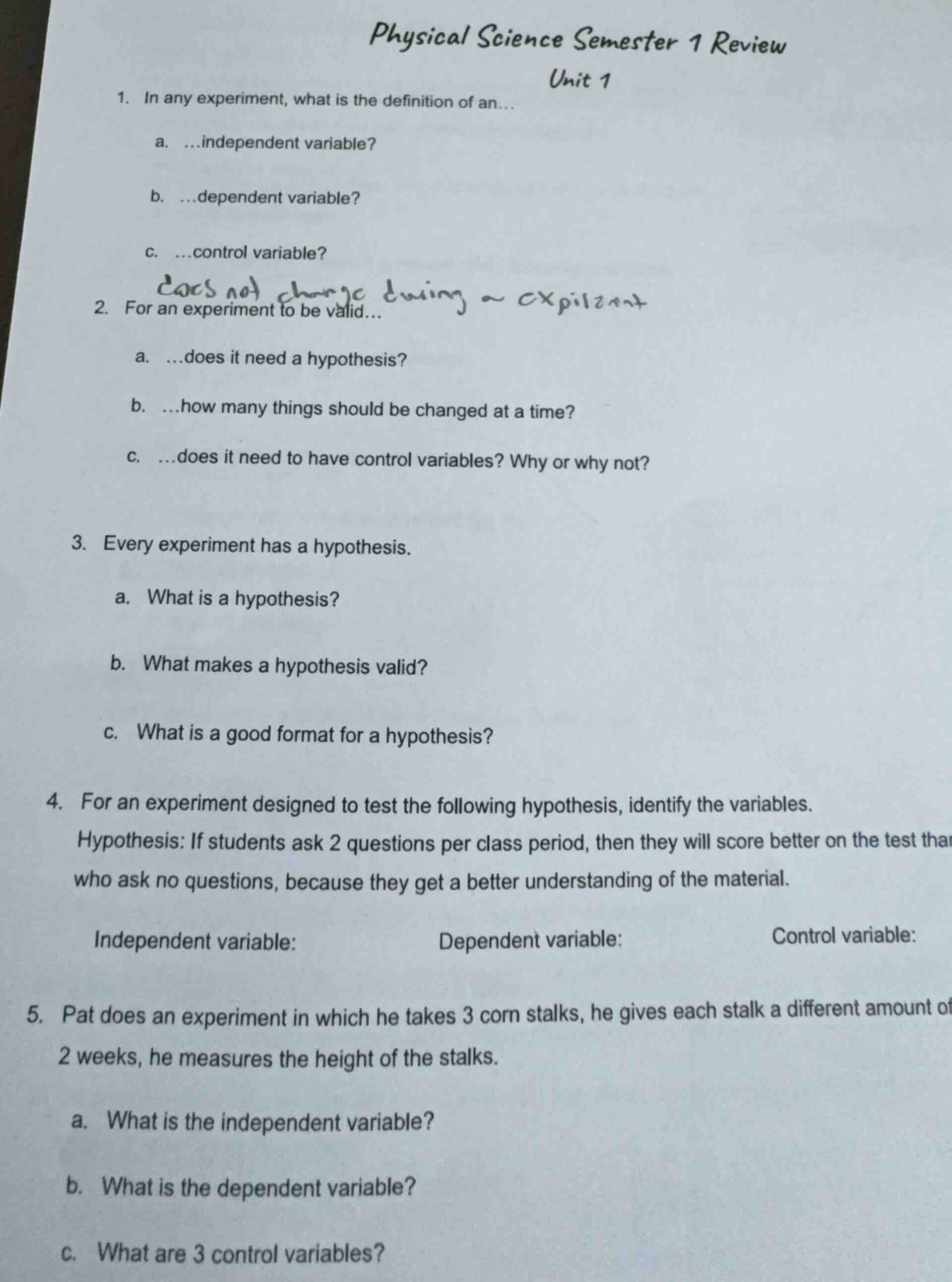 physical science semester 1 review unit 1 1. in any experiment, what is…