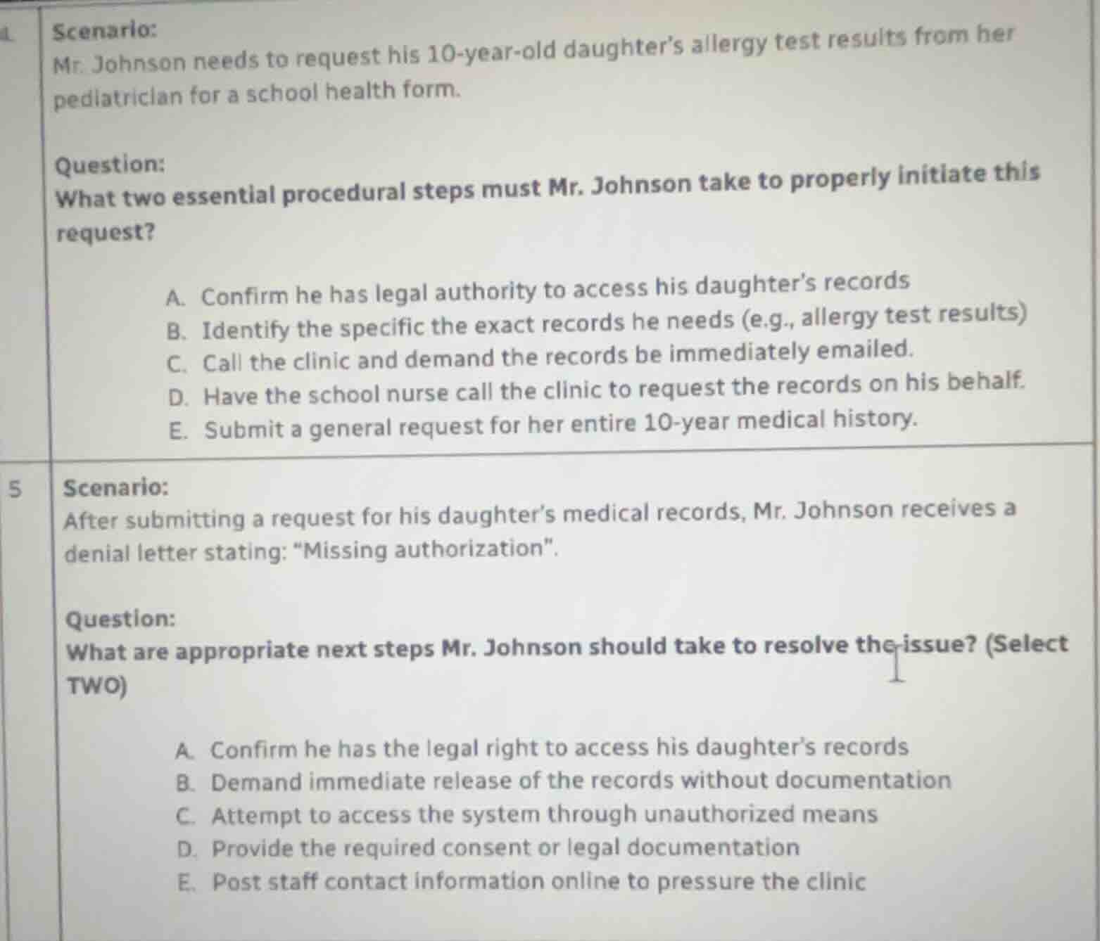 scenario: mr. johnson needs to request his 10-year-old daughter’s aller…