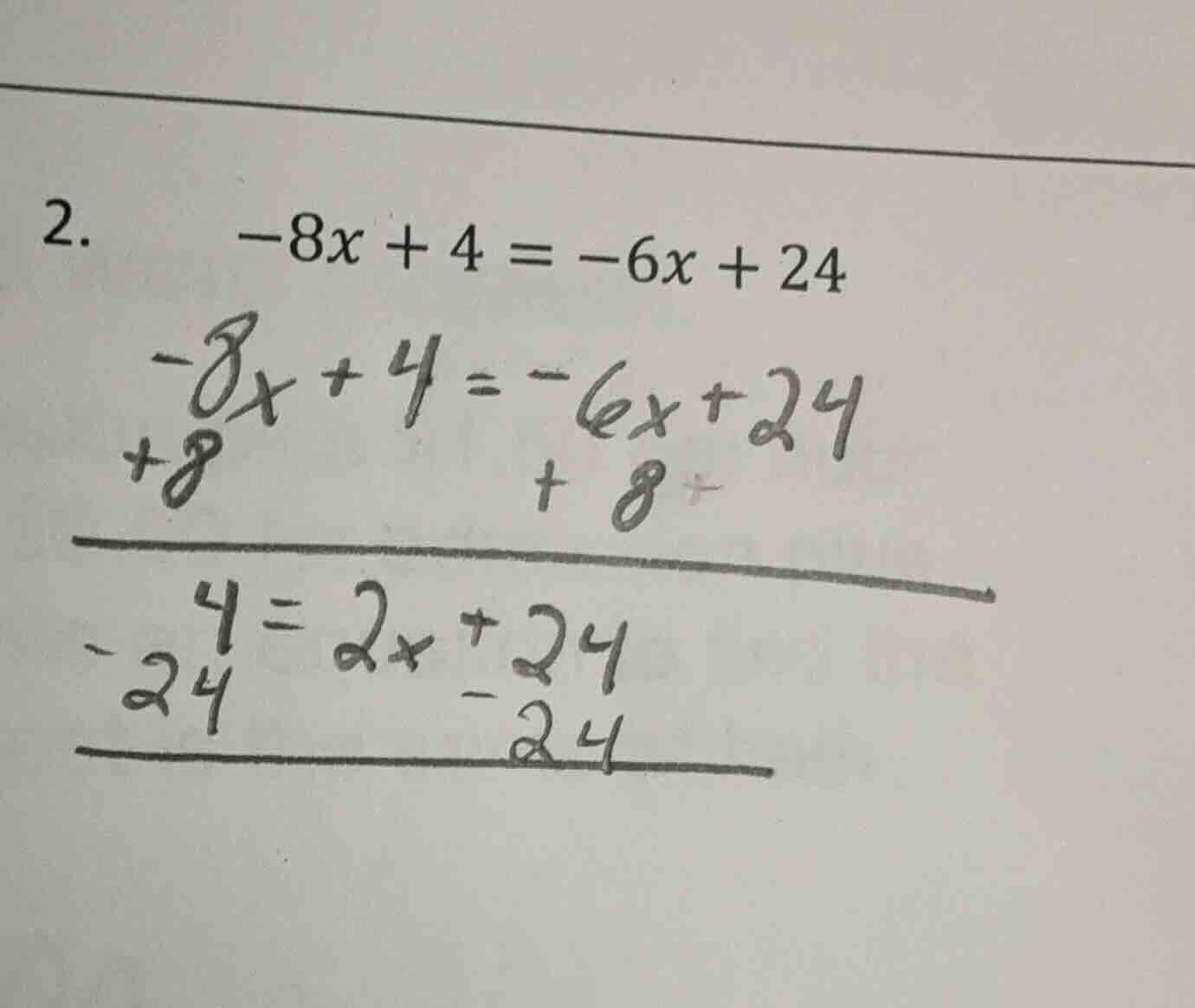2. \\(-8x + 4 = -6x + 24\\)