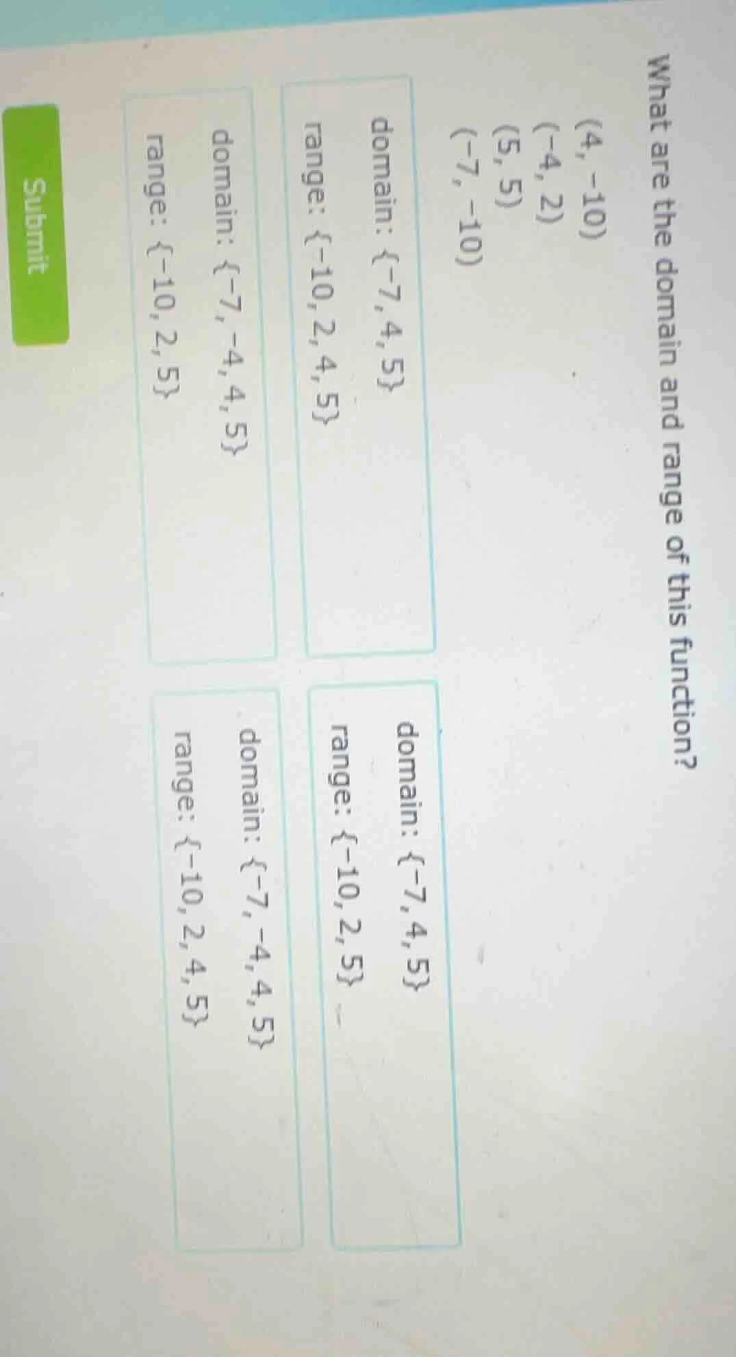 what are the domain and range of this function? (4, -10) (-4, 2) (5, 5)…