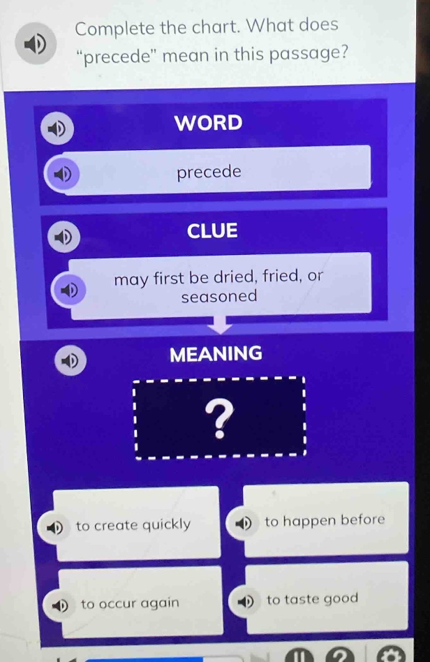 complete the chart. what does \precede\ mean in this passage? word prec…