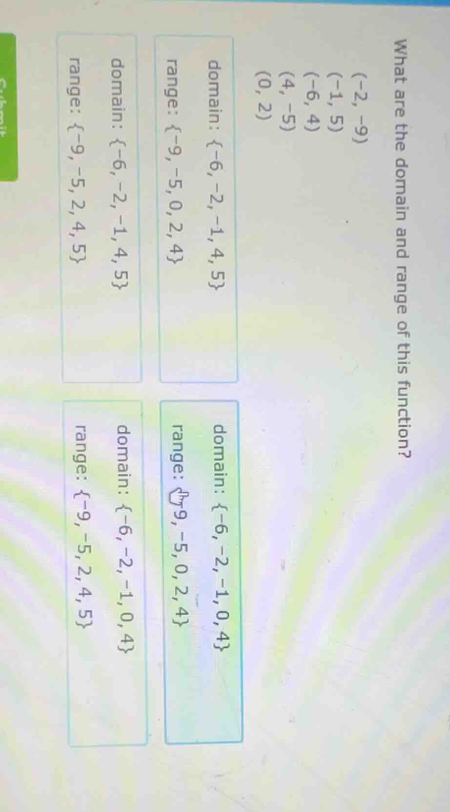 what are the domain and range of this function?\\ (-2, -9)\\ (-1, 5)\\ …