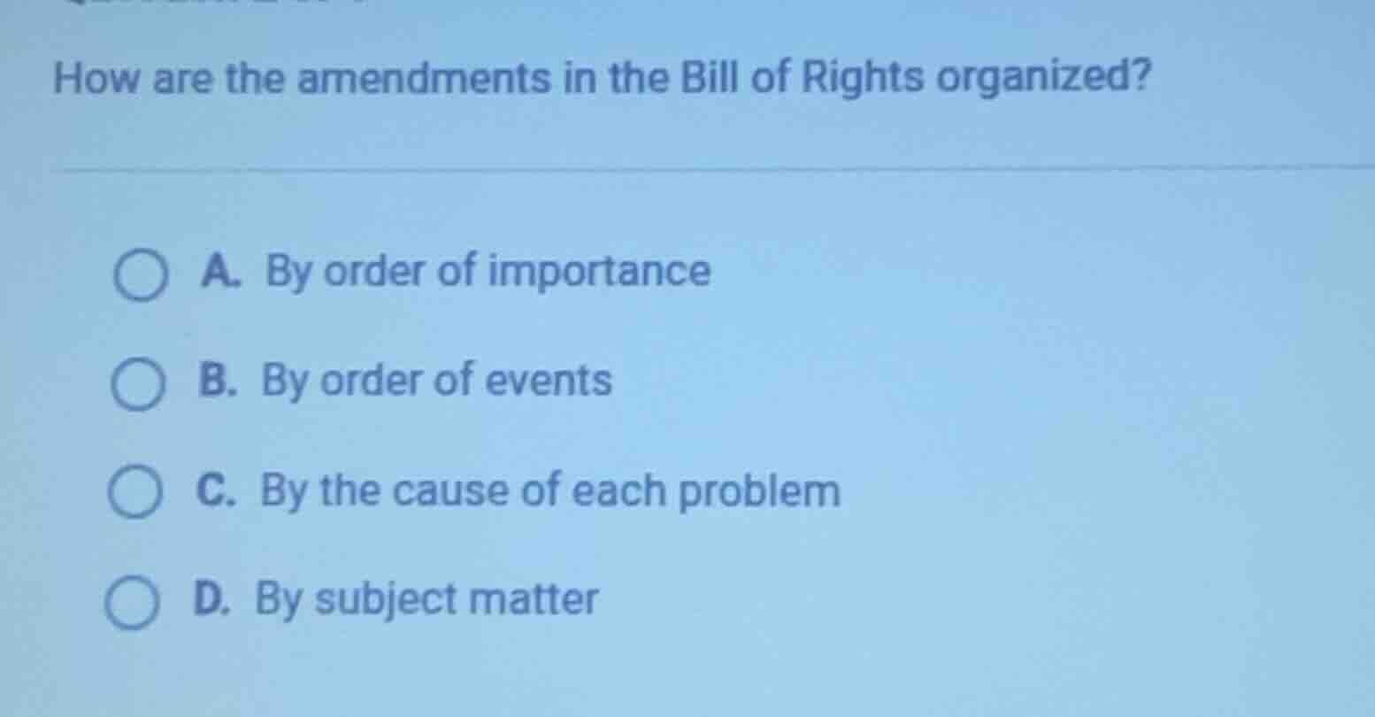 how are the amendments in the bill of rights organized? a. by order of …