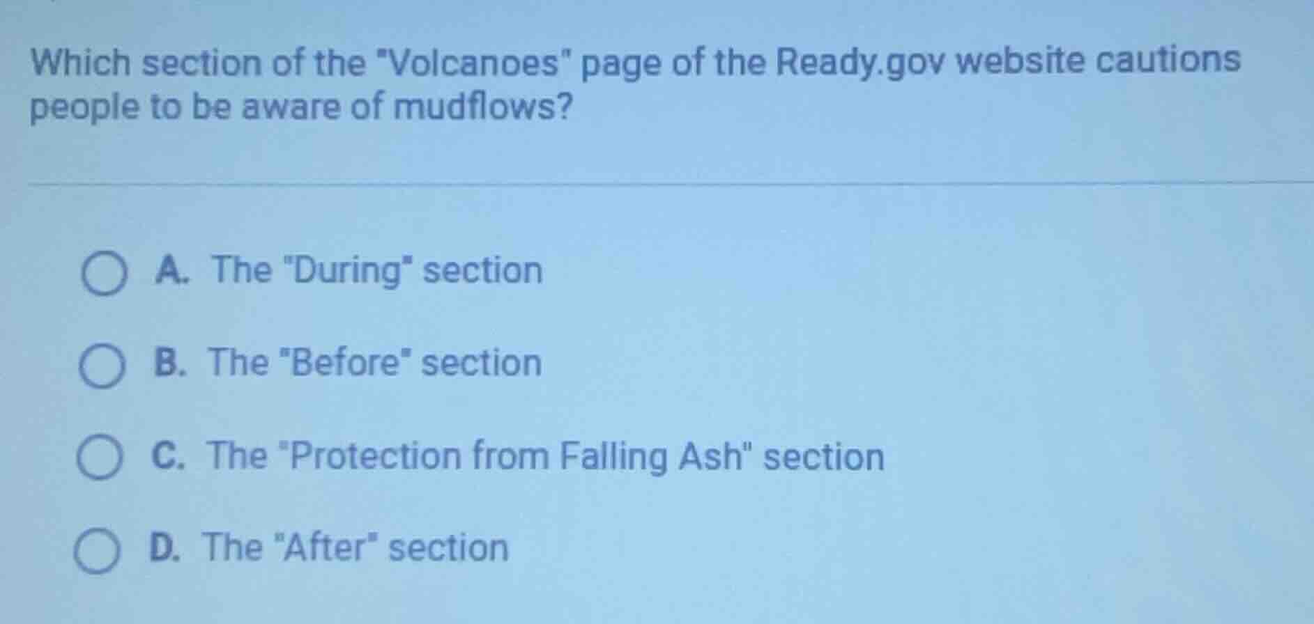 which section of the \volcanoes\ page of the ready.gov website cautions…
