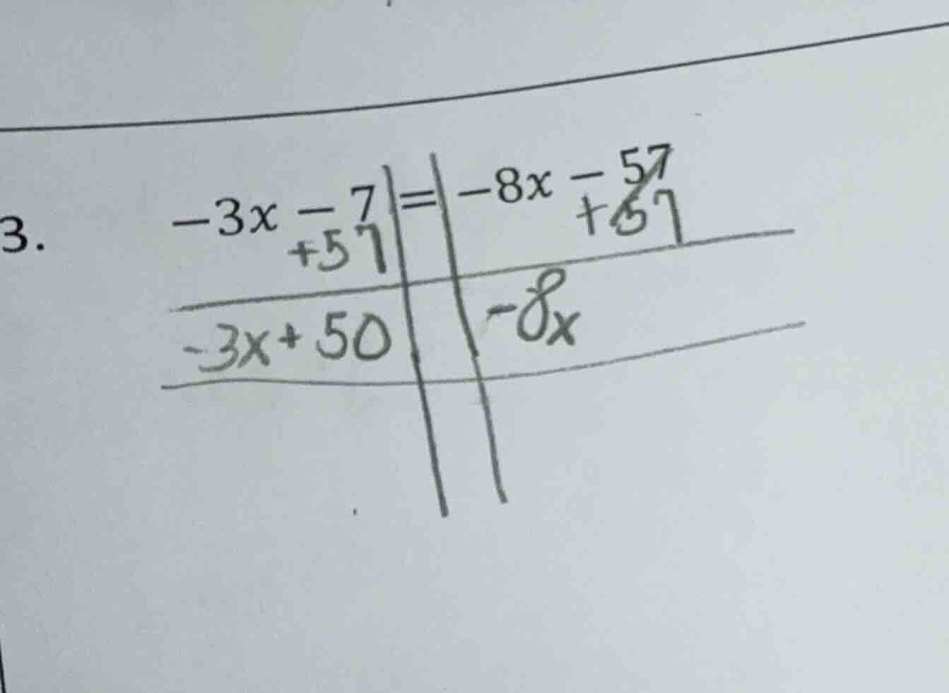 3. $-3x - 7 = -8x - 57$ (with some handwritten additions like +57 on bo…