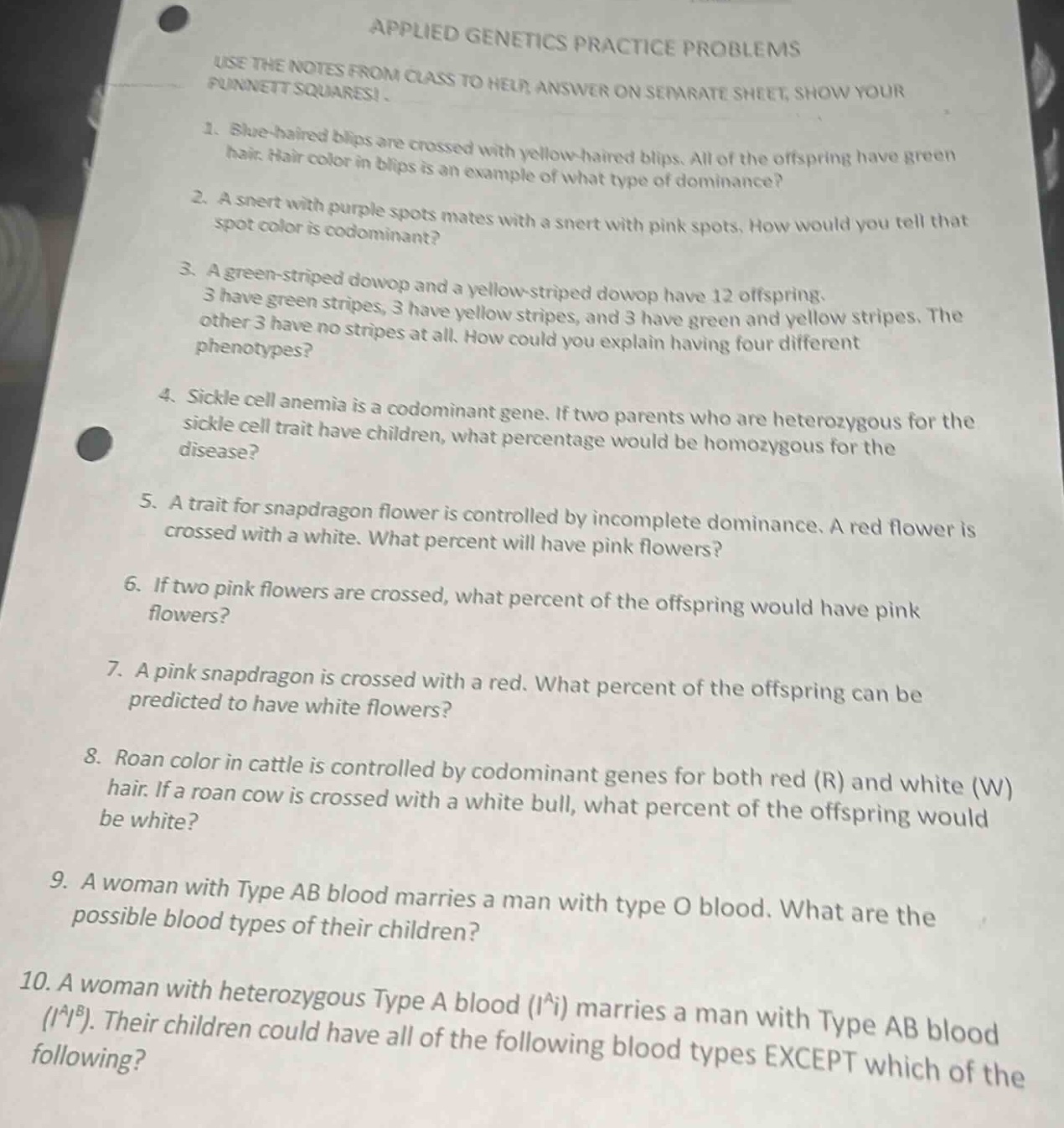 applied genetics practice problems use the notes from class to help, an…