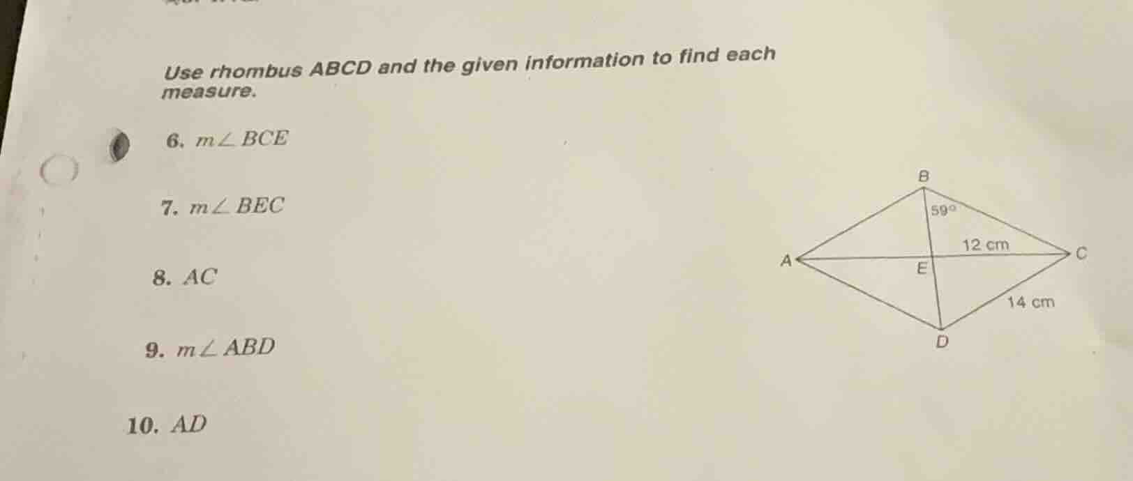 use rhombus abcd and the given information to find each measure. 6. ( m…