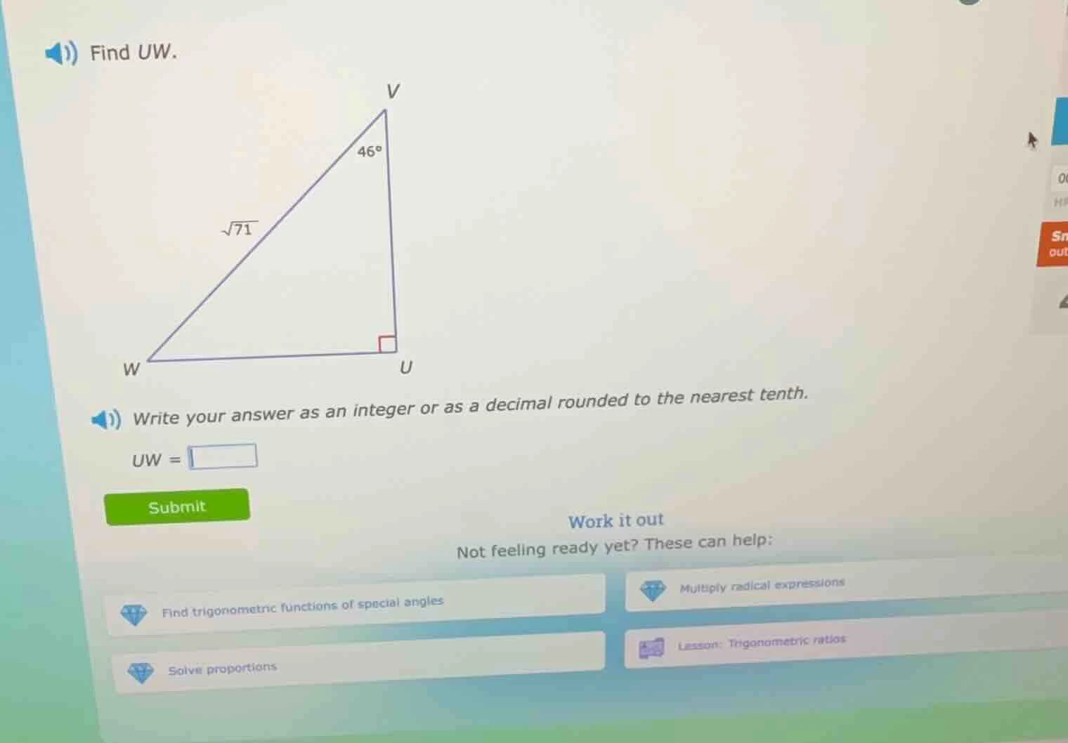 find uw. (there is a right triangle vuw with right angle at u, angle at…
