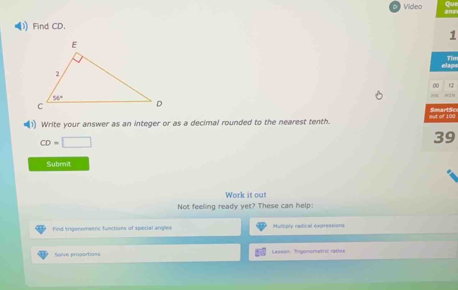 find cd. (there is a right triangle ced with right angle at e, ce = 2, …